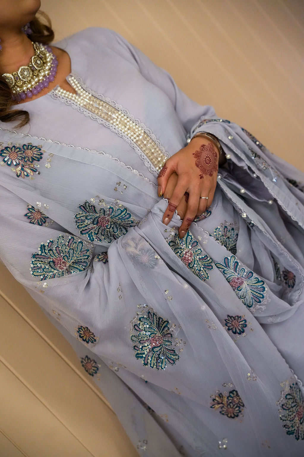 Serene Bloom lilac chiffon suit