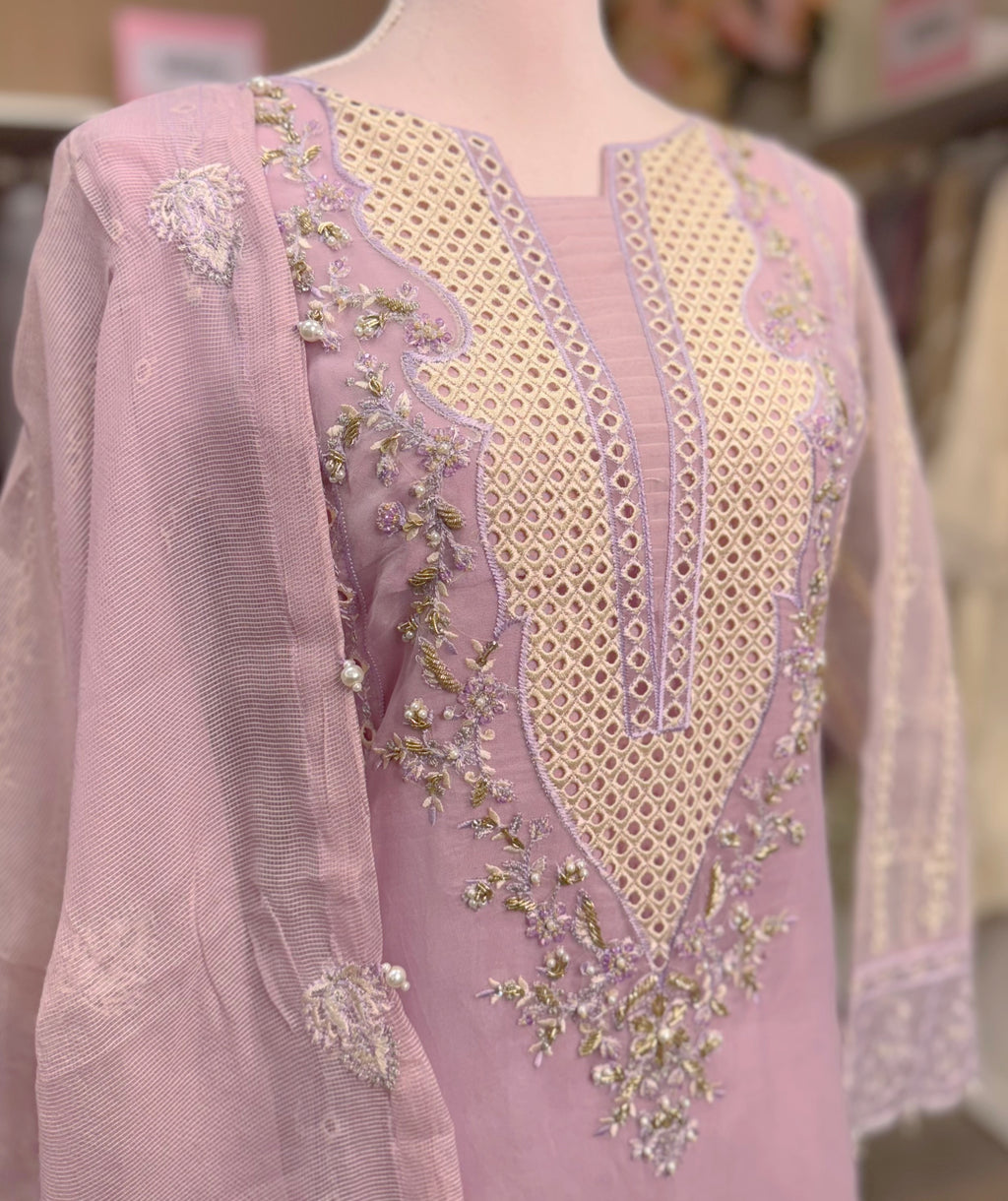 Lilac Whisper – Embroidered Organza Ensemble