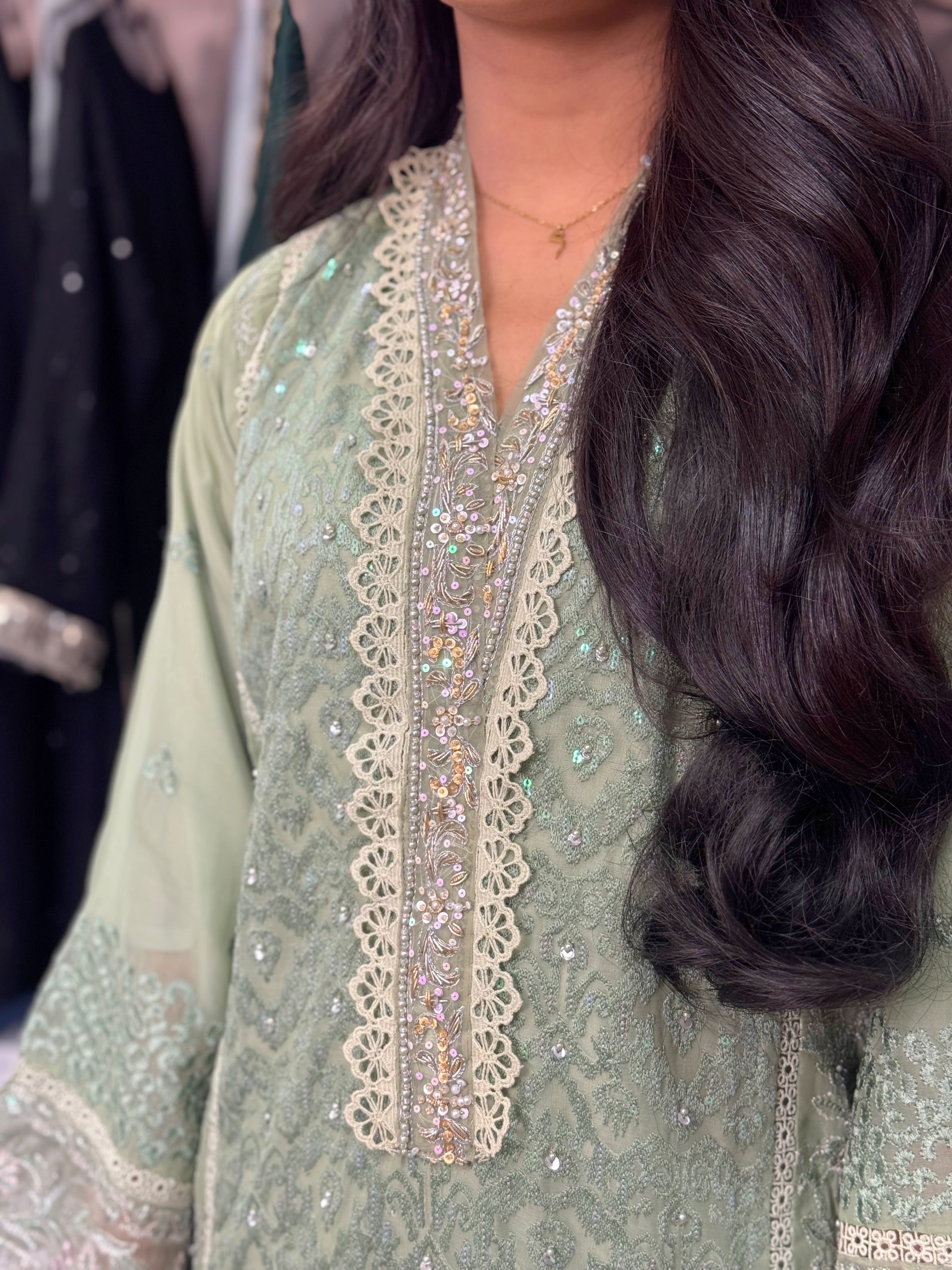 Emerald Sage Chiffon Embroidered Suit
