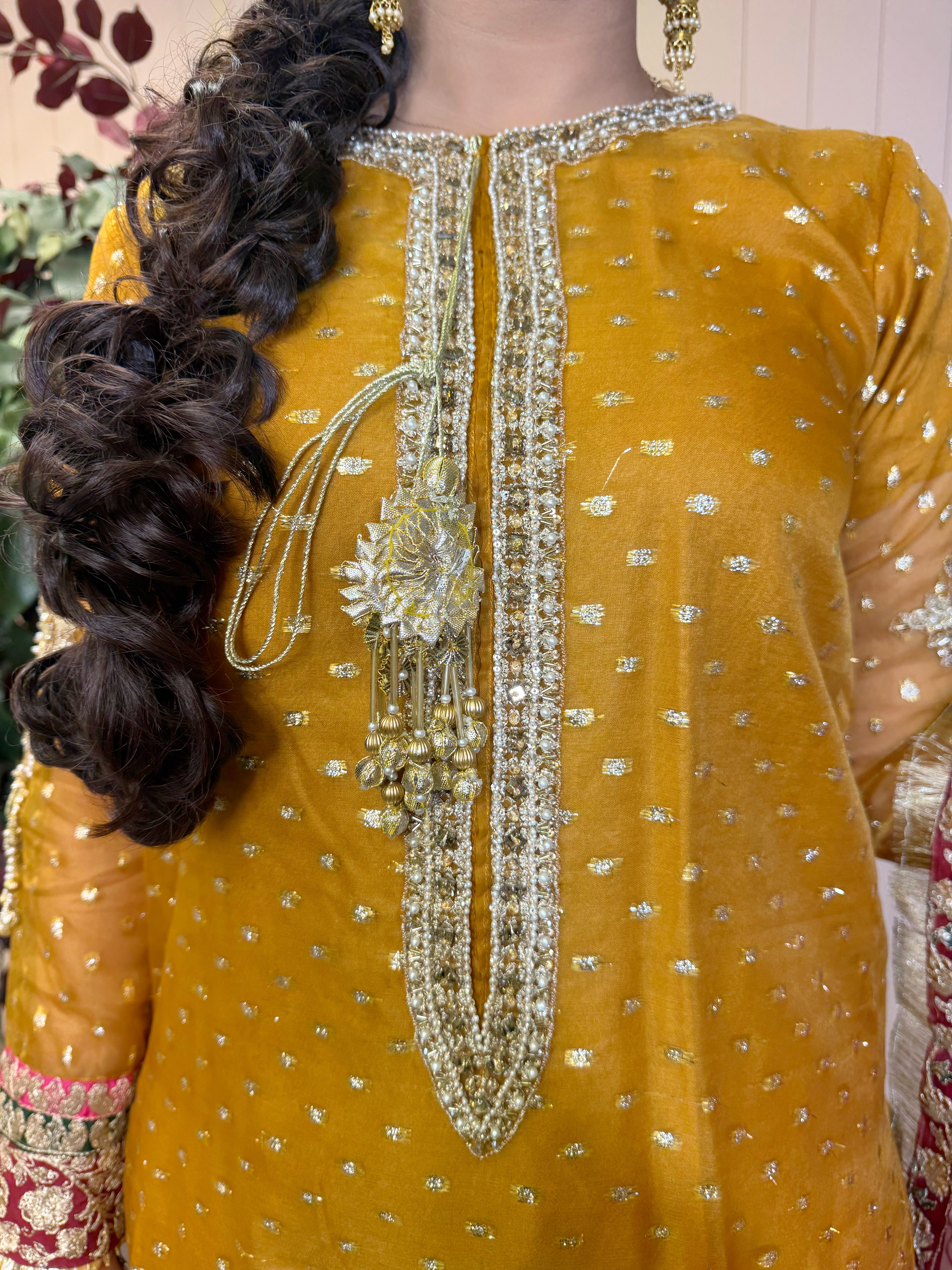 Zariya Luxe Organza Sharara Set – Mustard & Ruby