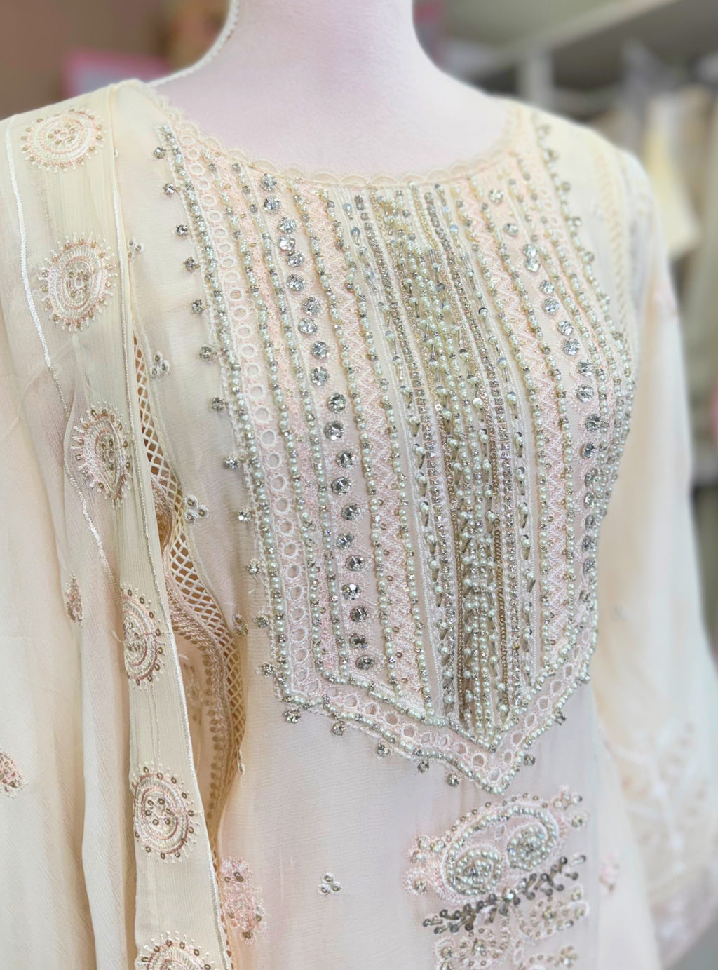Peach Lumière – Embroidered Chiffon Ensemble