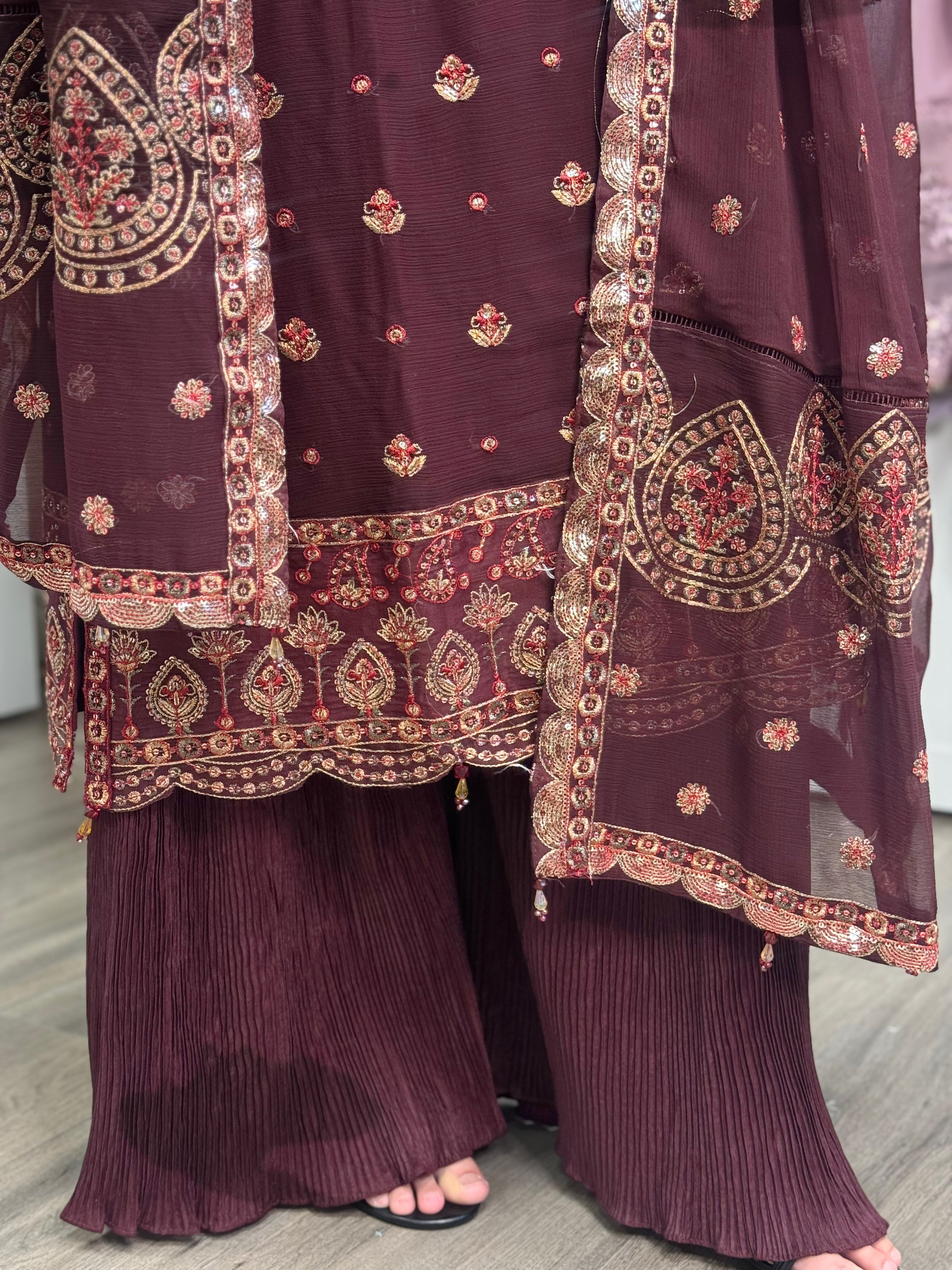 Royal Maroon Chiffon Embroidered Suit