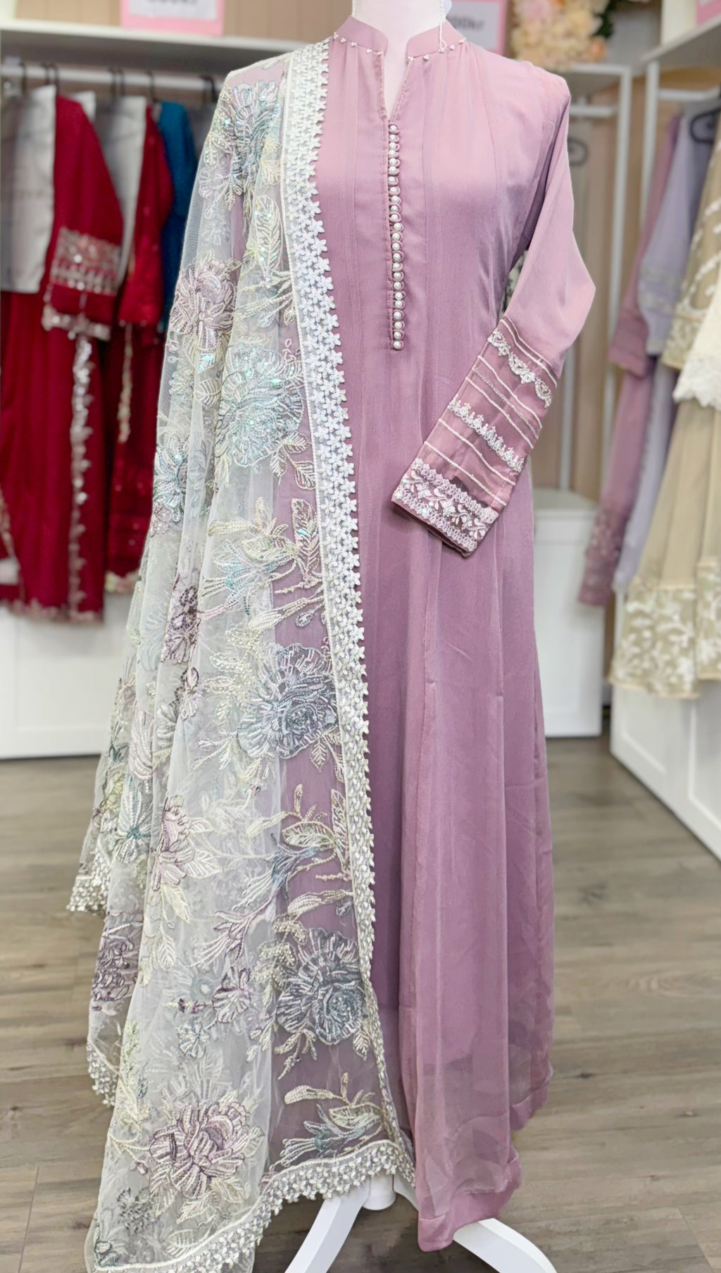 Dusty Rose Aura – Embroidered Chiffon Ensemble