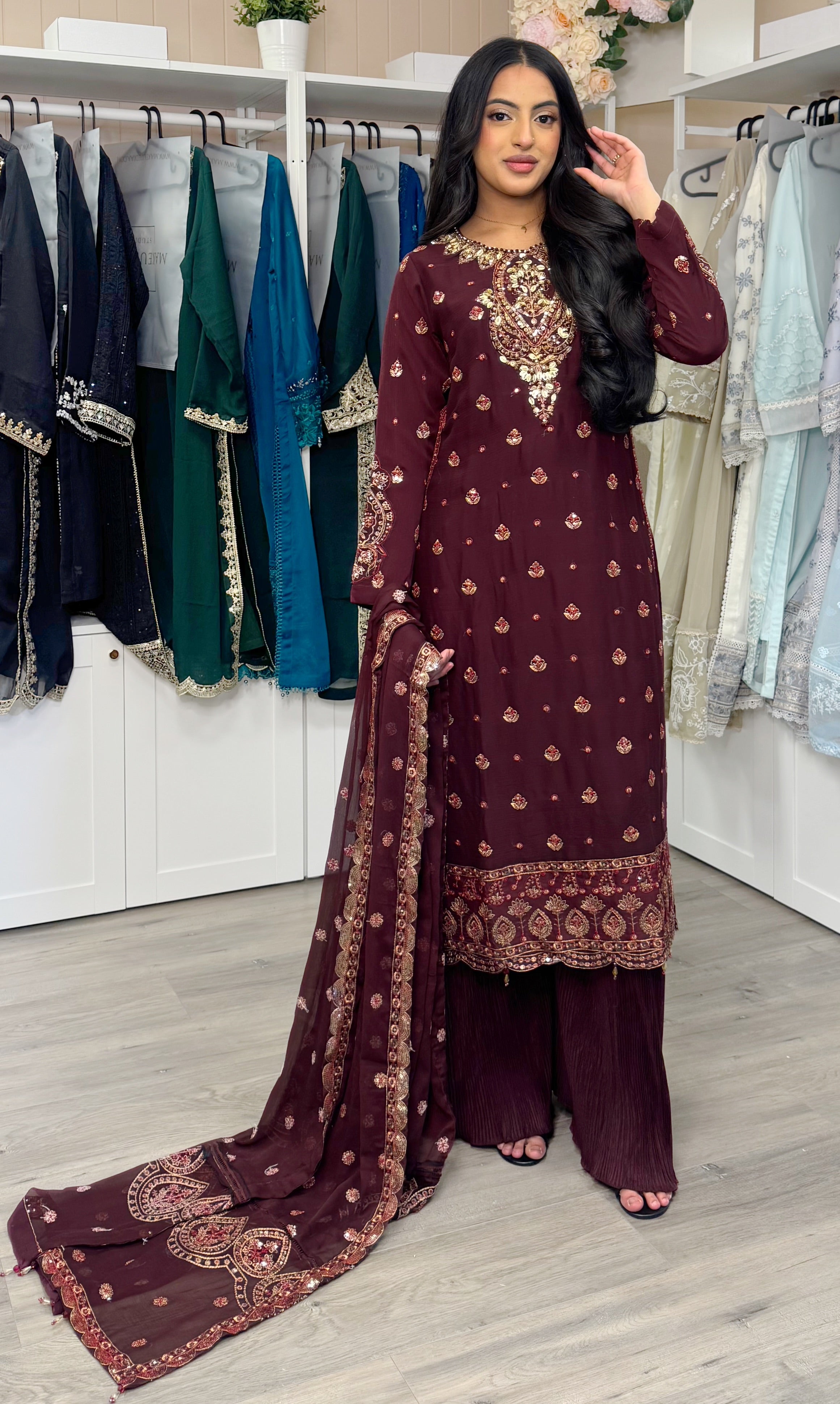 Royal Maroon Chiffon Embroidered Suit