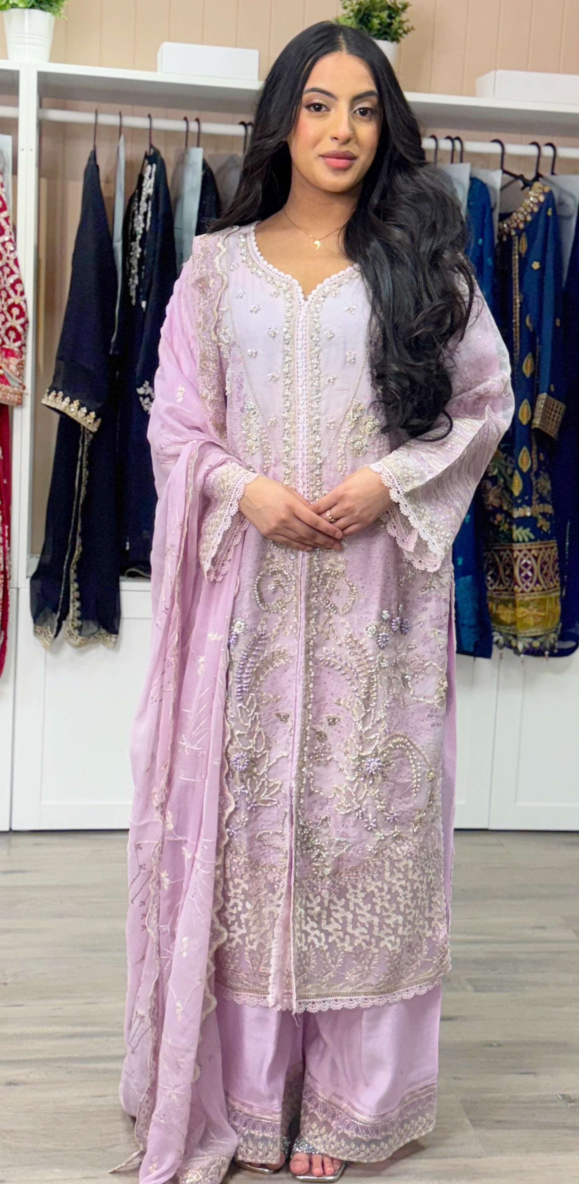 Blush Lavender Organza Embroidered Suit