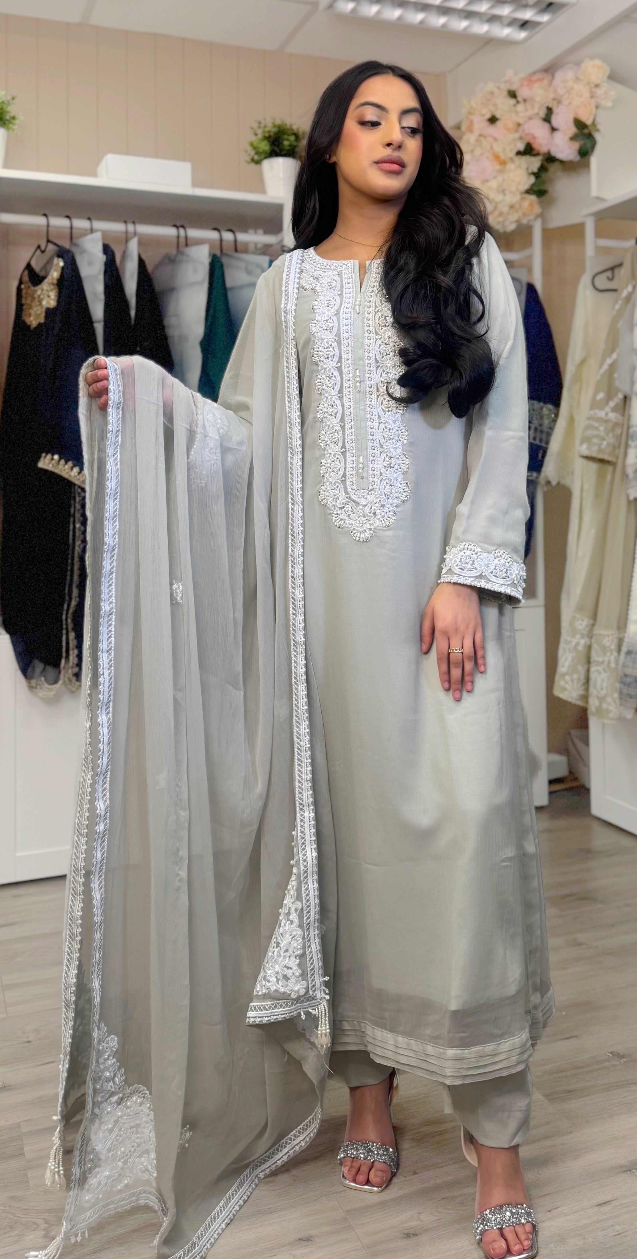 Sage Grace Chiffon Embroidered Suit