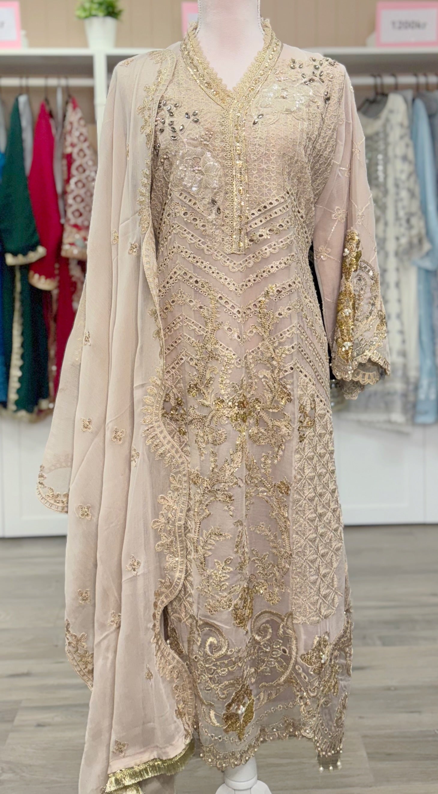 Golden Blush Elegance – Embroidered Chiffon Ensemble