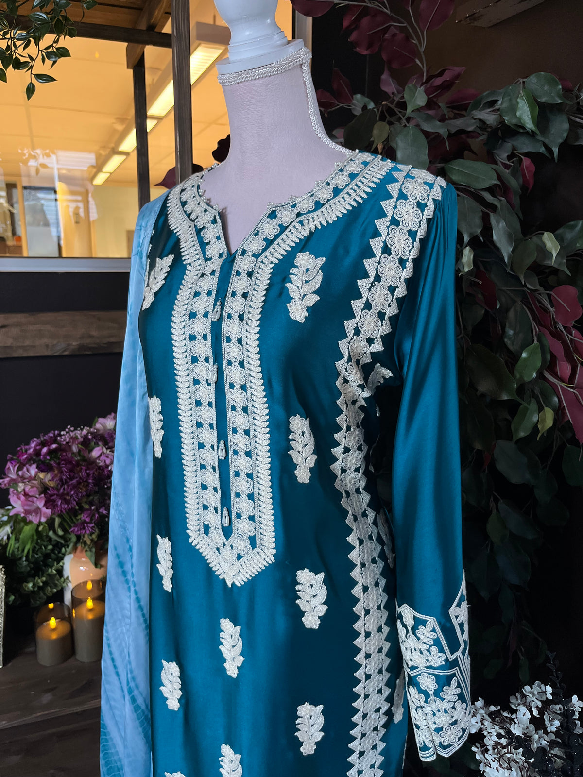 Teal Heirloom Embroidered Silk