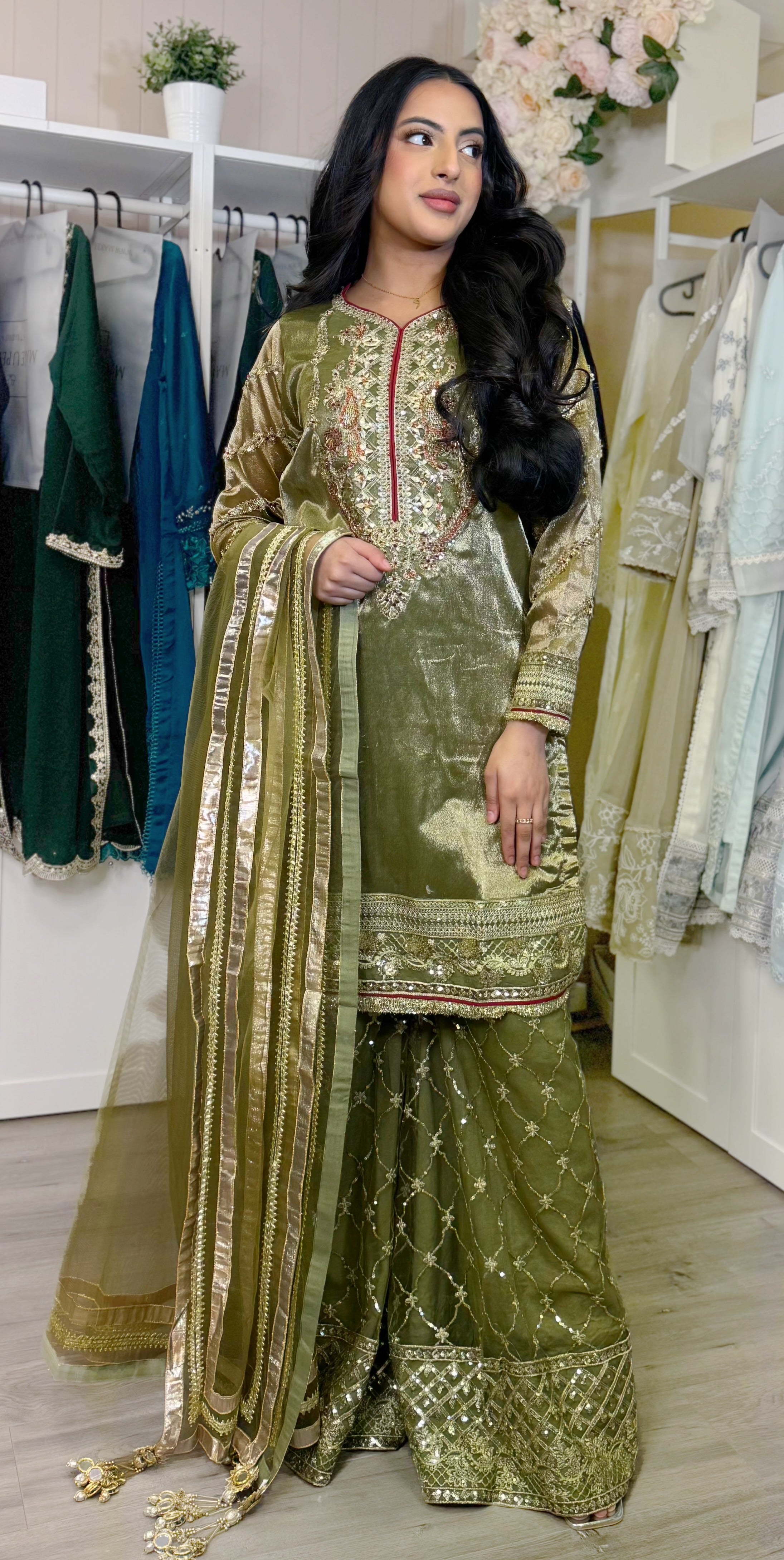 Olive Regal Embroidered Sharara Set