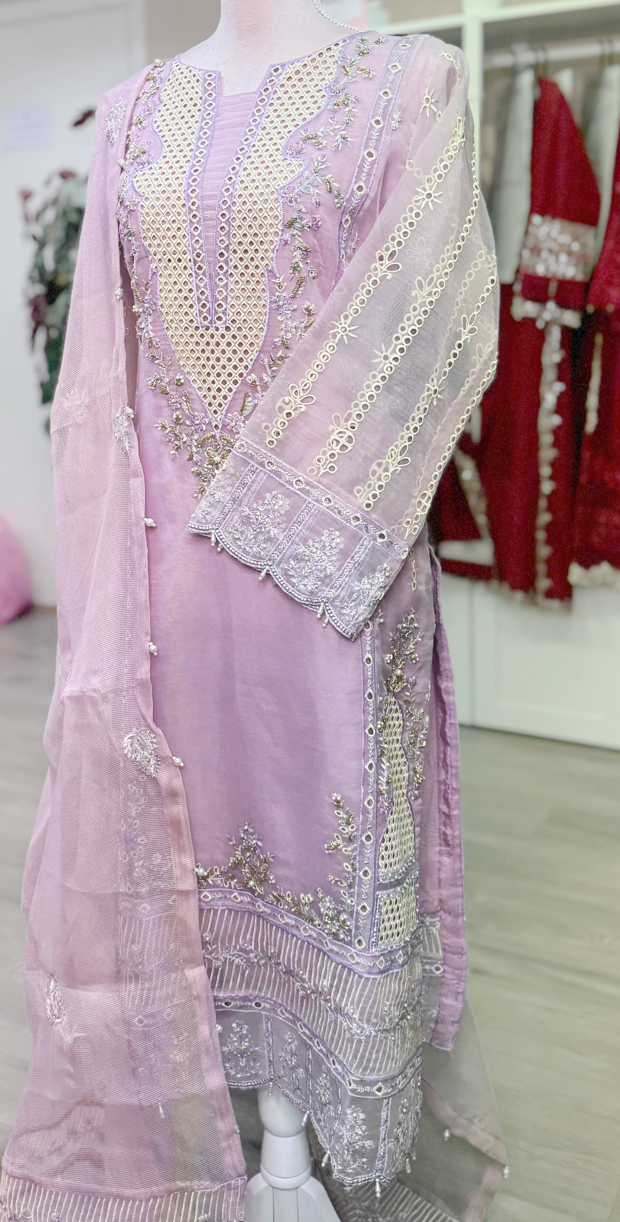 Lilac Whisper – Embroidered Organza Ensemble