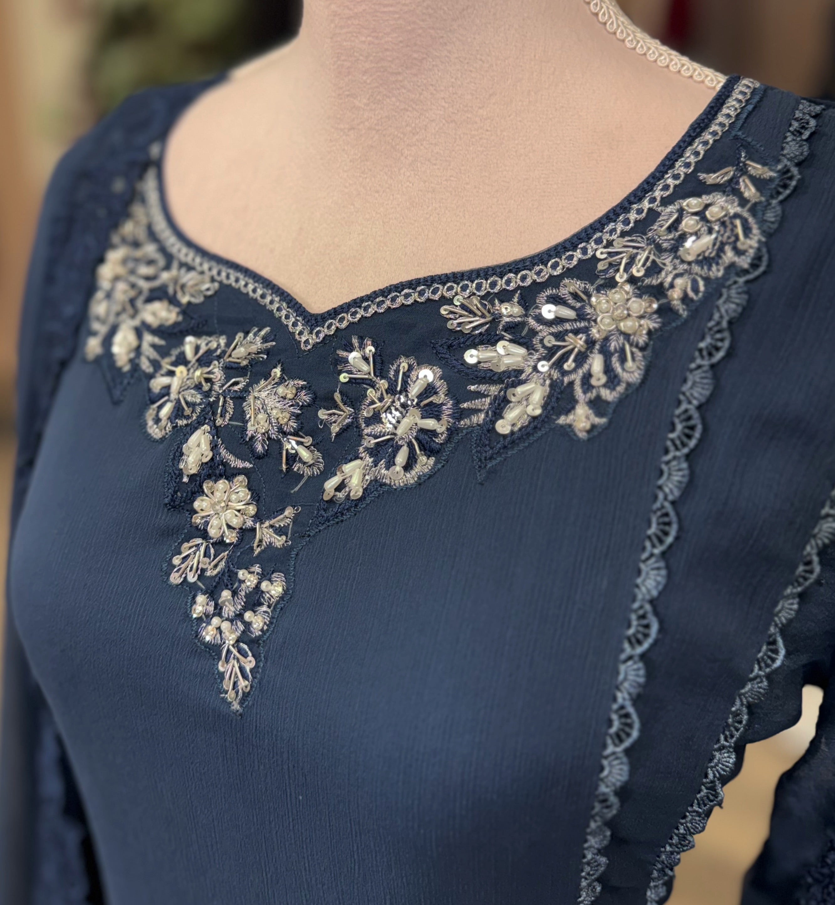 Navy Blue Embroidered Chiffon Dress