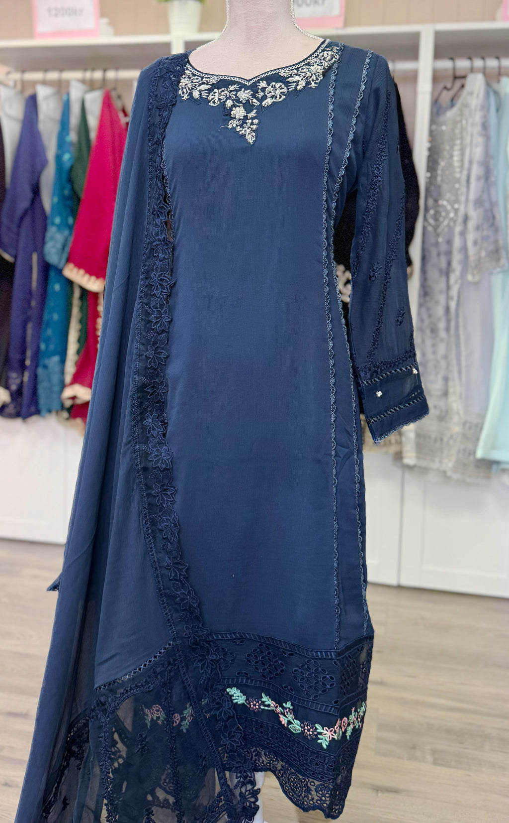 Navy Blue Embroidered Chiffon Dress
