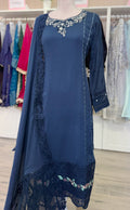 Navy Blue Embroidered Chiffon Dress