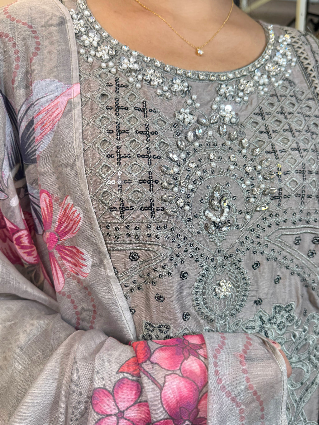 Silver Aara – Silk Chikankari Suit
