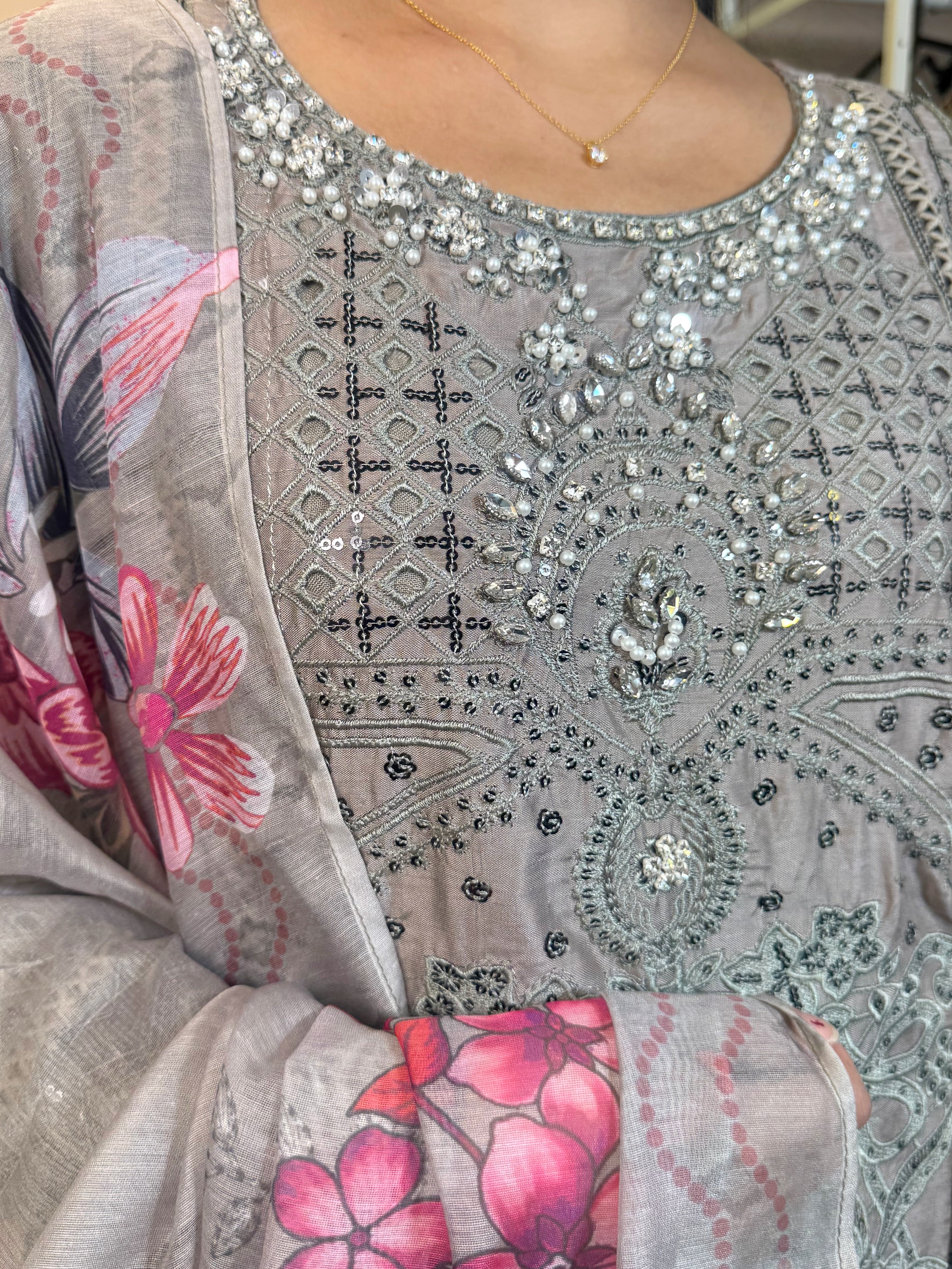 Silver Aara – Silk Chikankari Suit