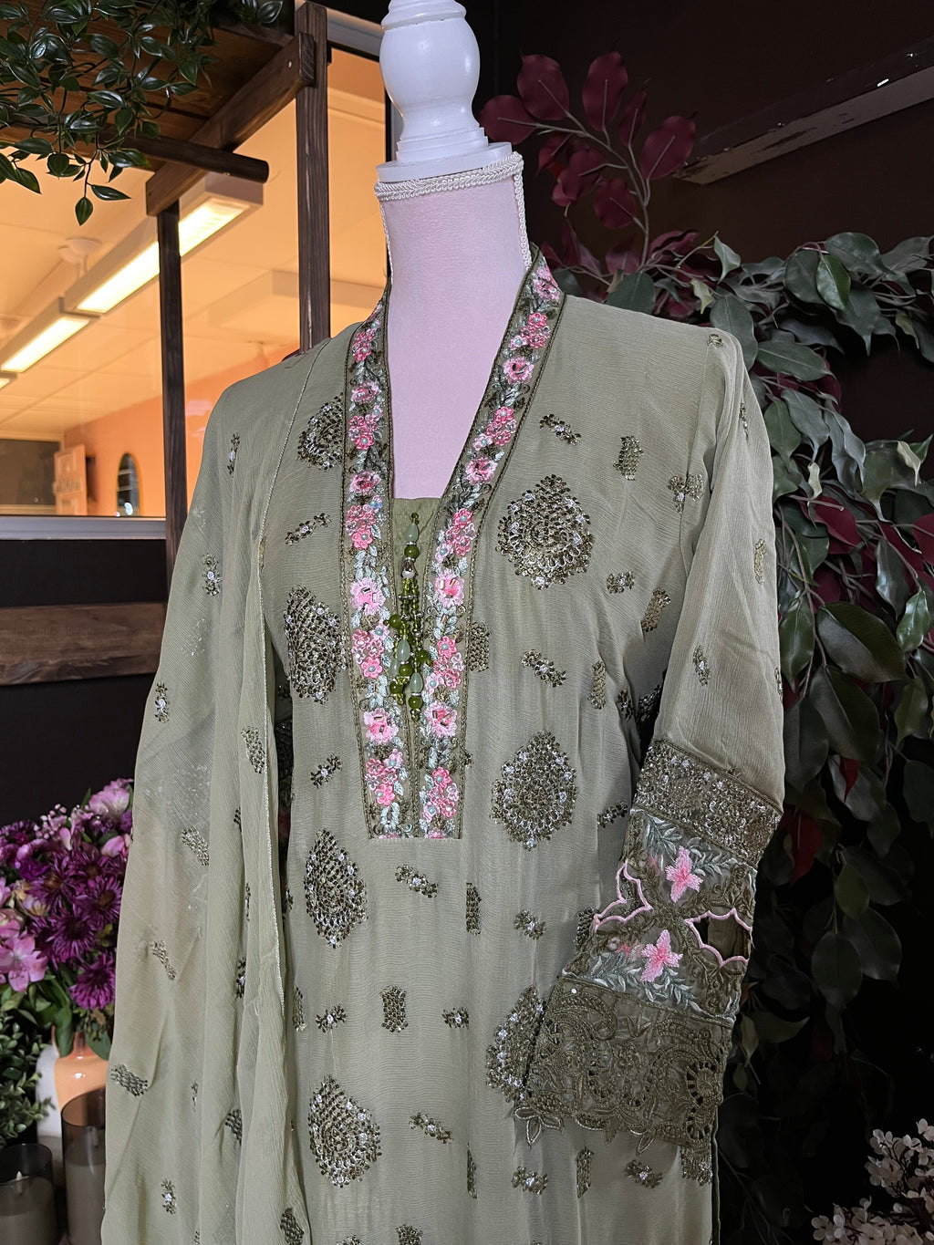 Olive Gulab Embroidered Suit