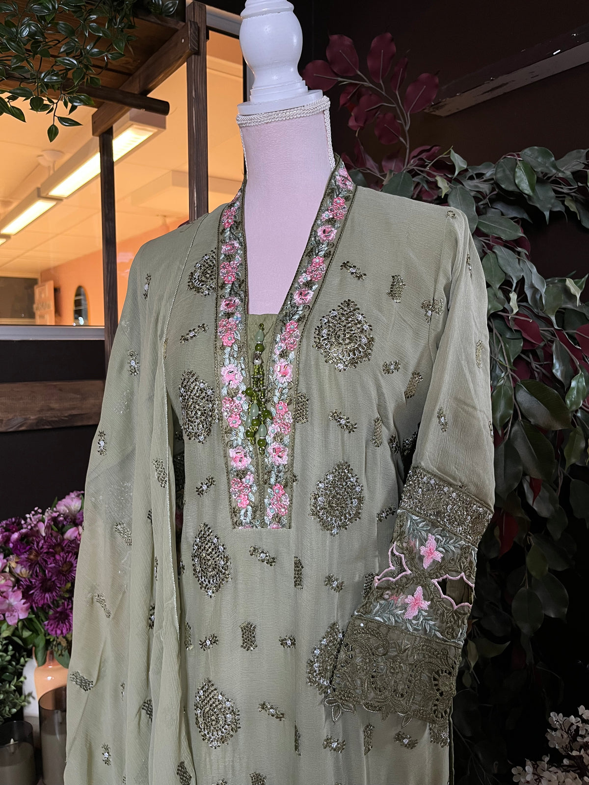 Olive Gulab Embroidered Suit