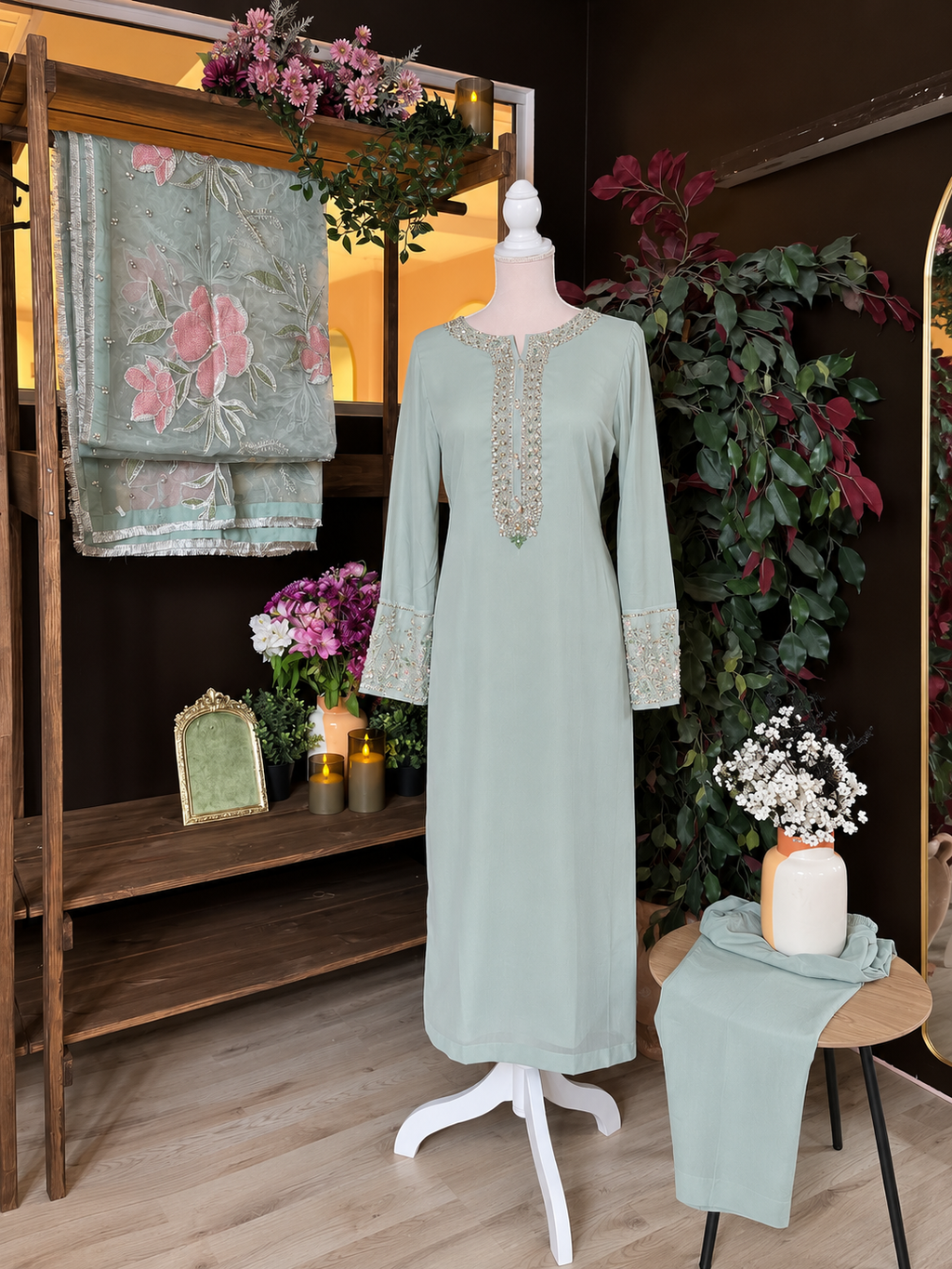Mint Blossom Chiffon Suit