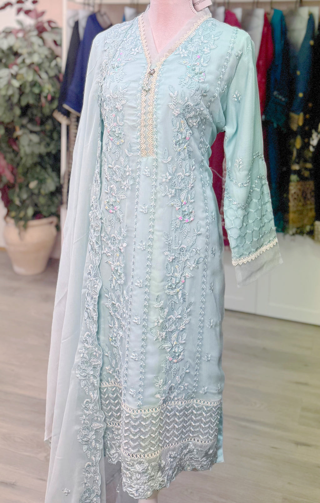 Sky Blue Grace – Embroidered Chiffon Ensemble