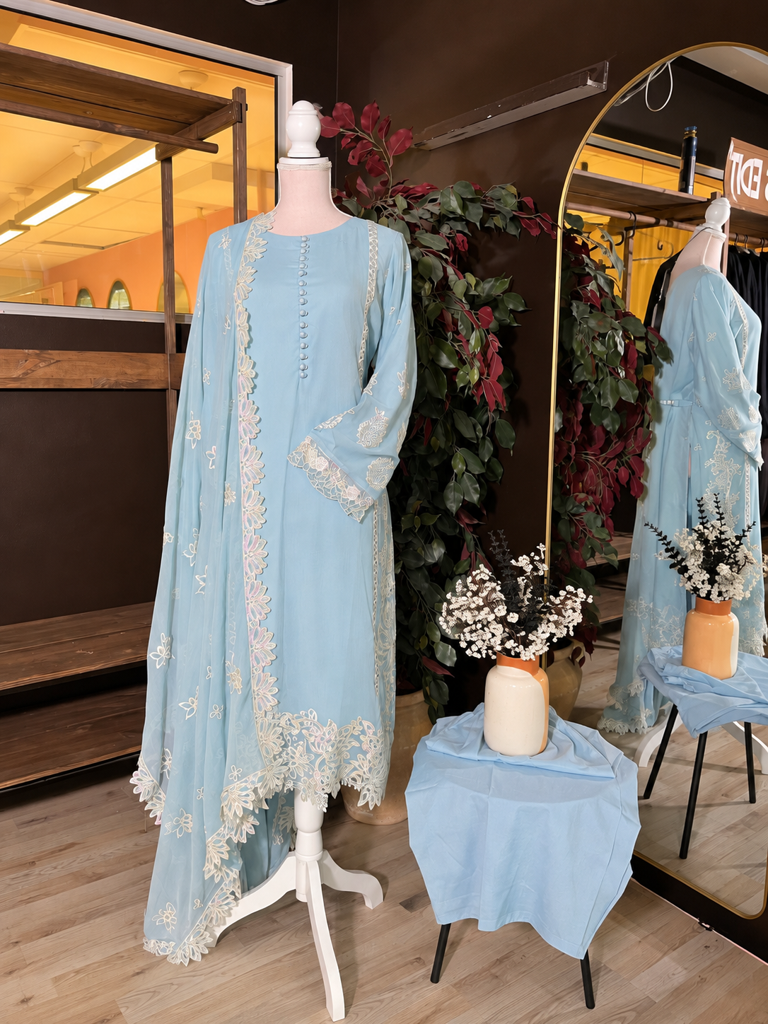 Floral Grace Powder Blue Chiffon Suit