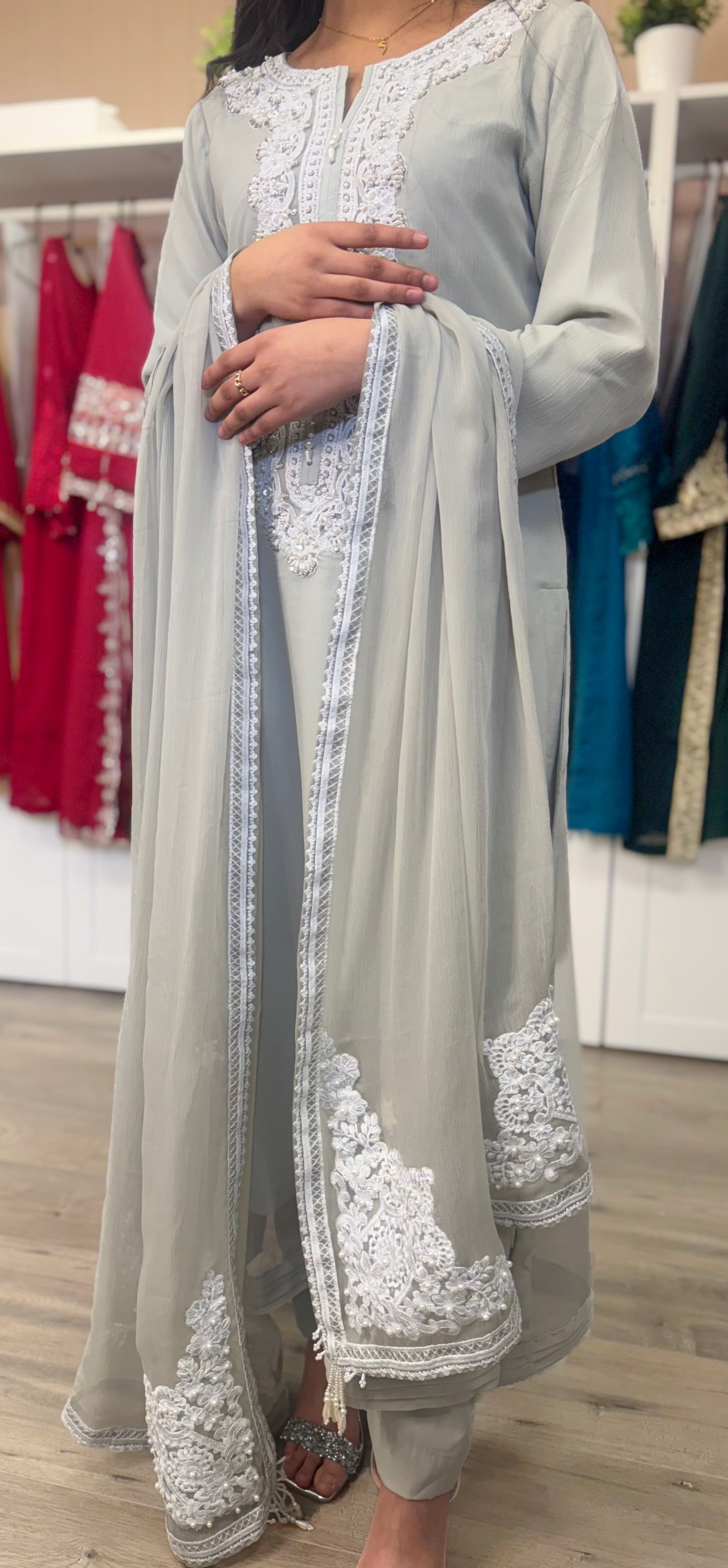 Sage Grace Chiffon Embroidered Suit