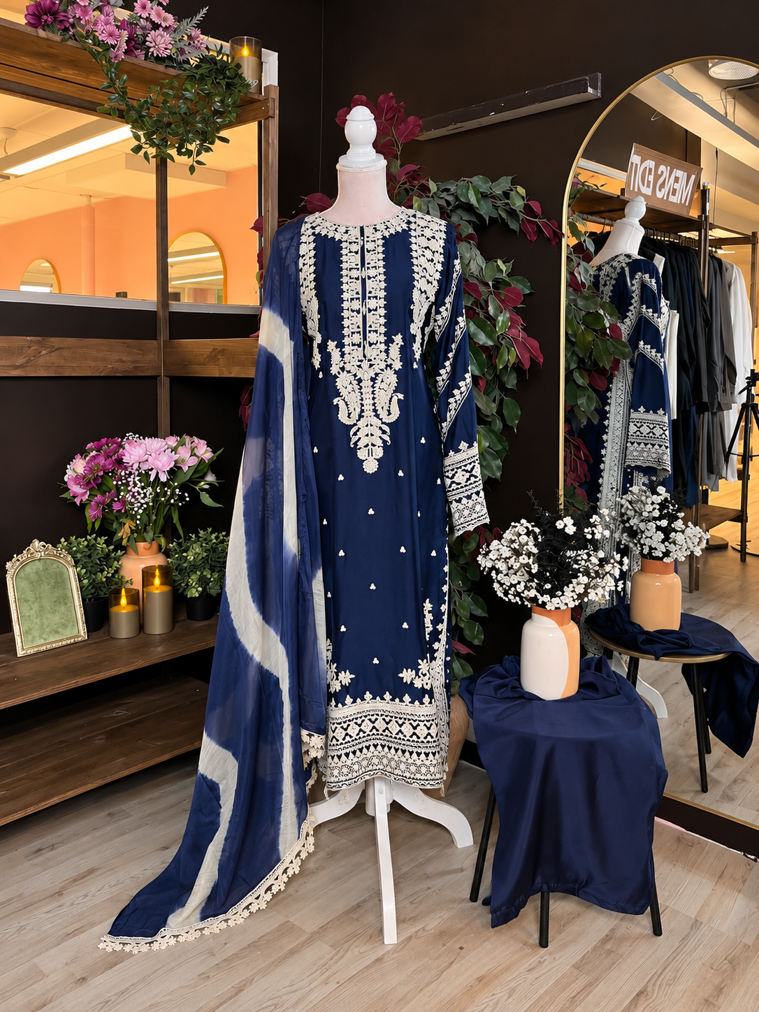Navy Ivory Silk Suit
