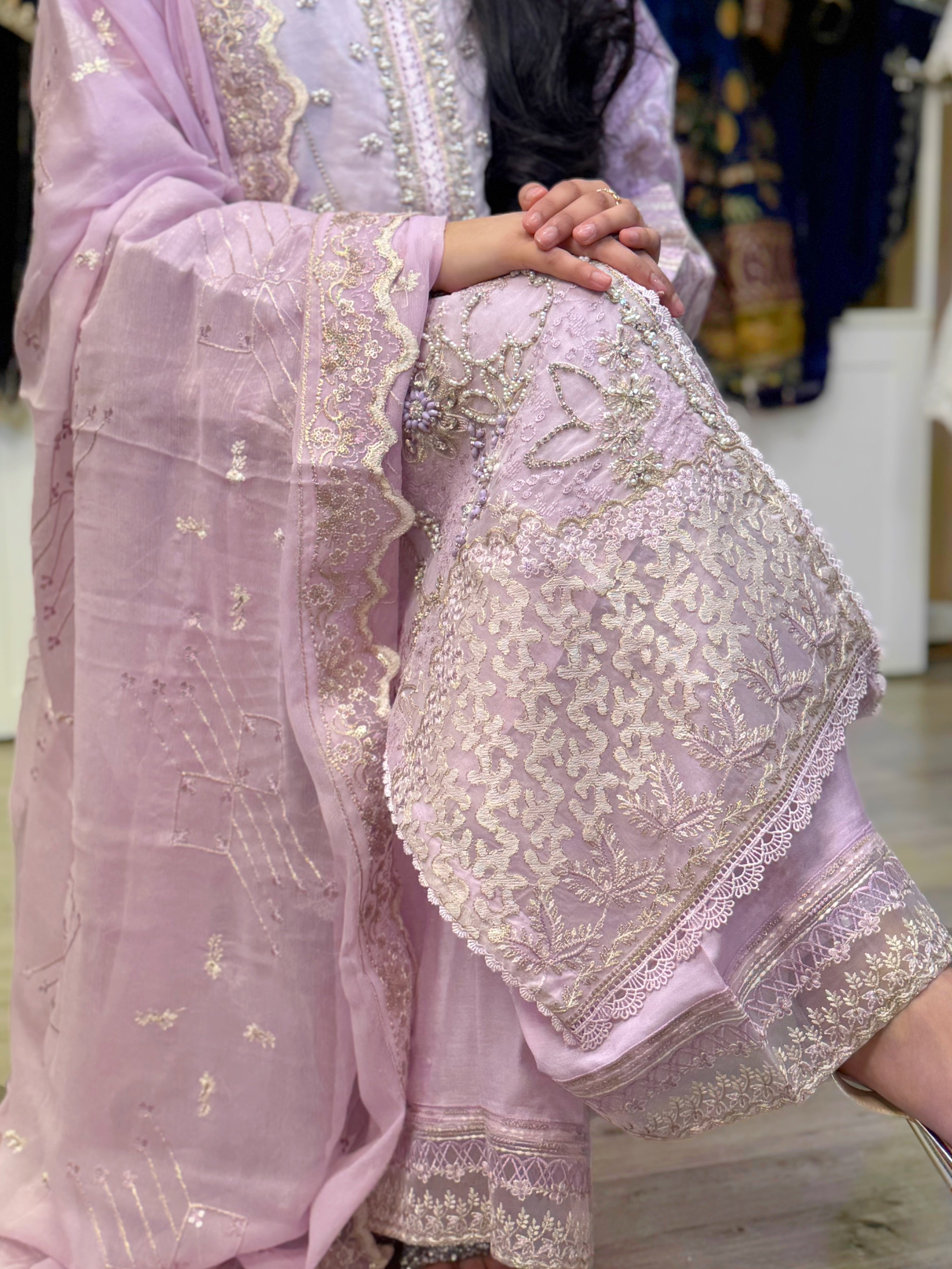 Blush Lavender Organza Embroidered Suit