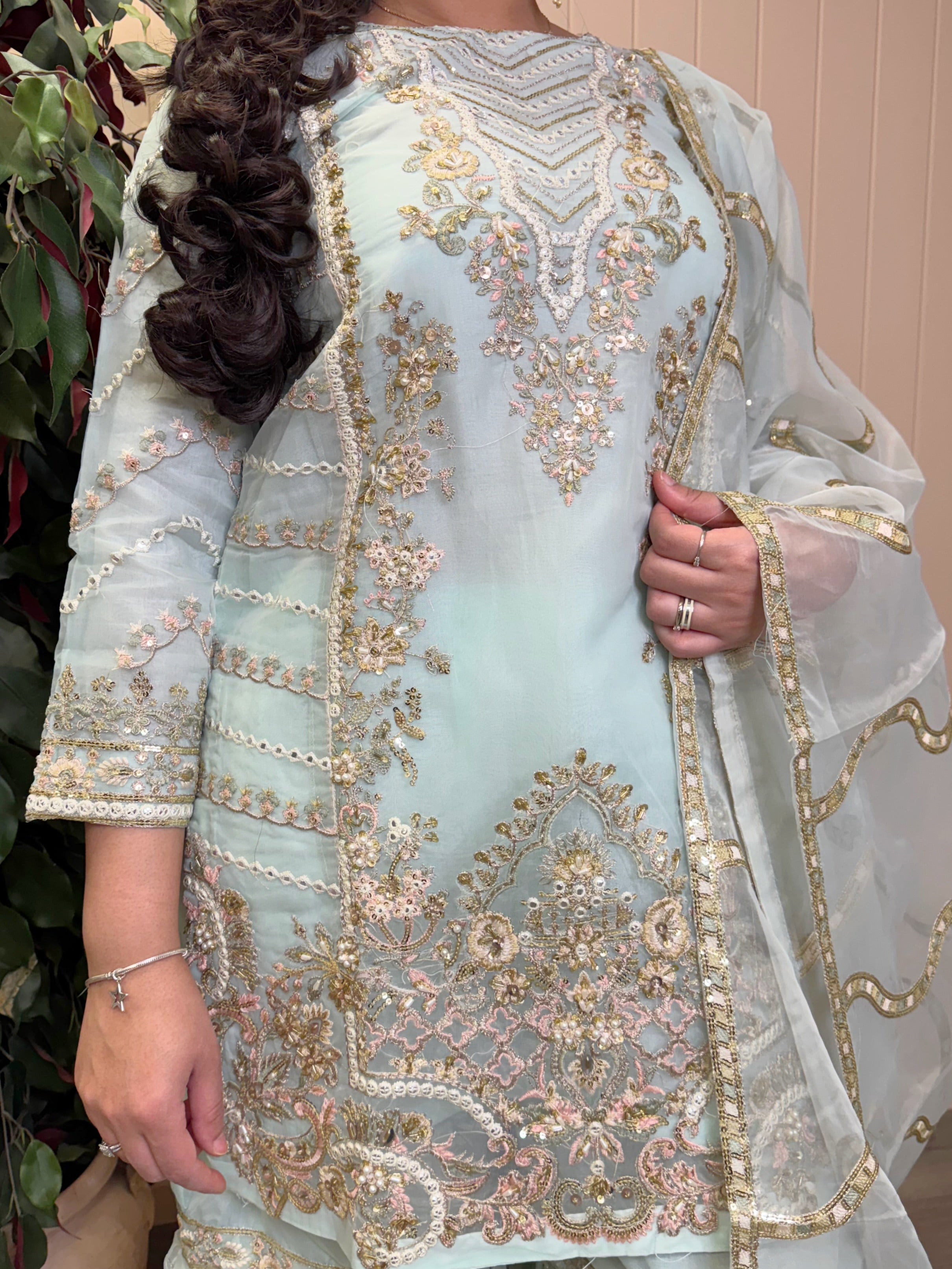 Zehra Mint Organza Sharara Set (Color Option - Mint / Beige)