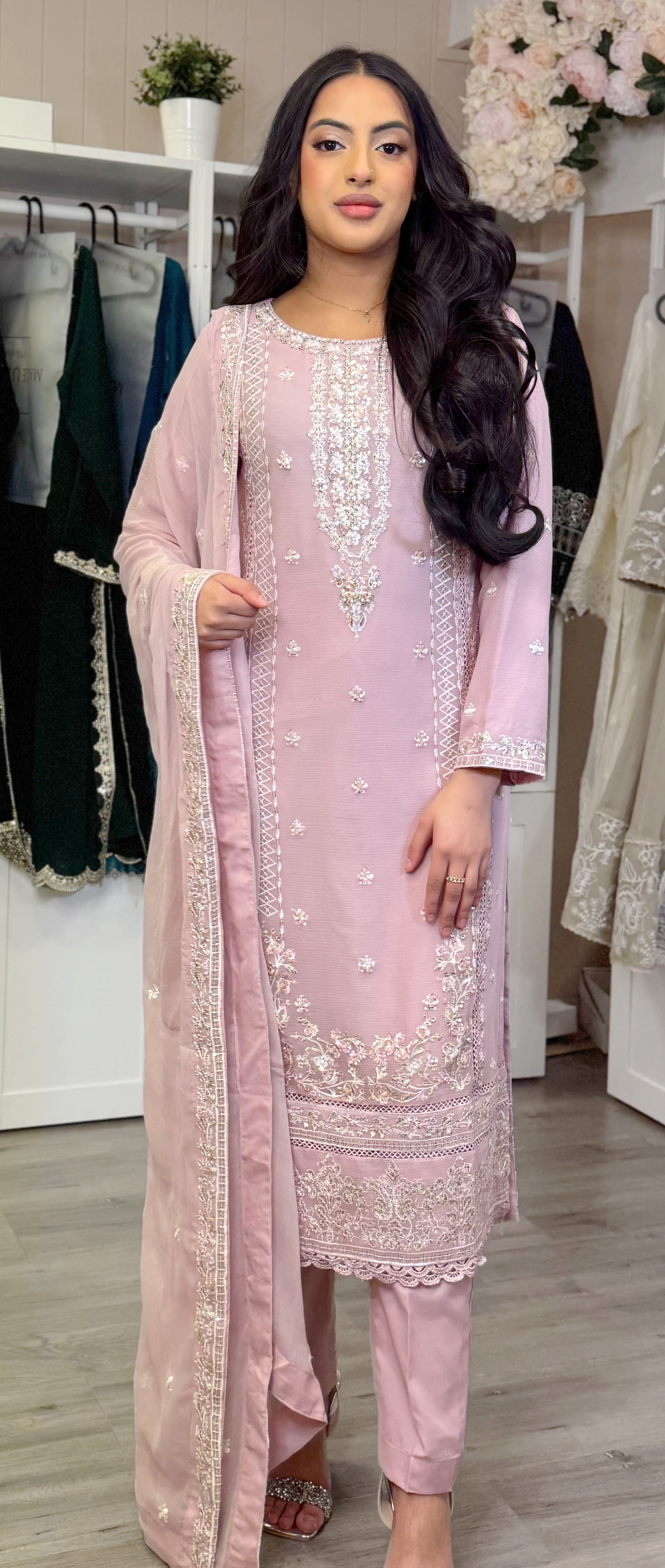 Blush Rose Chiffon Embroidered Suit