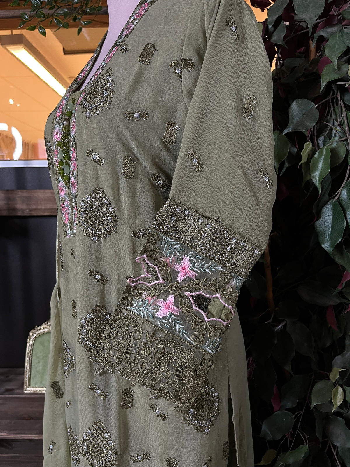 Olive Gulab Embroidered Suit