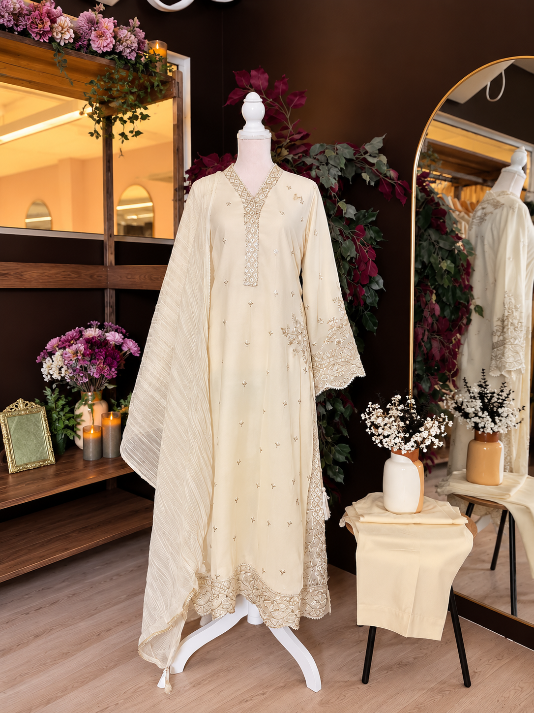 Ivory Pearl Blossom Chiffon Suit