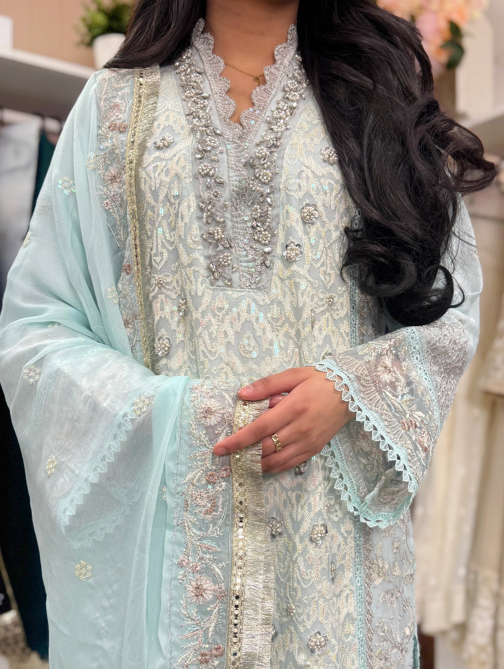 Ice Mint Chiffon Embroidered Suit