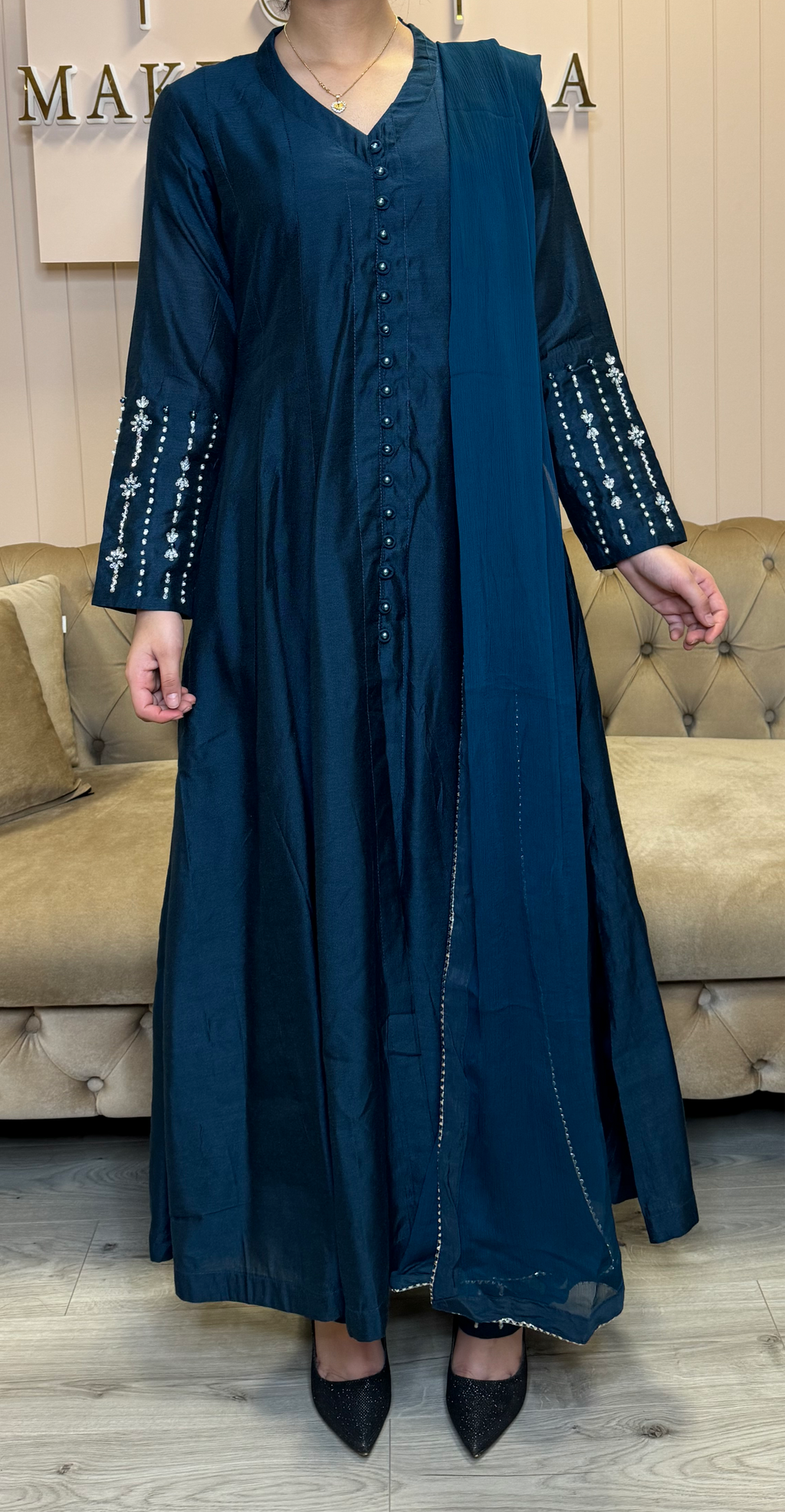 Hand Embellished Winter cotton silk gown - Navy blue