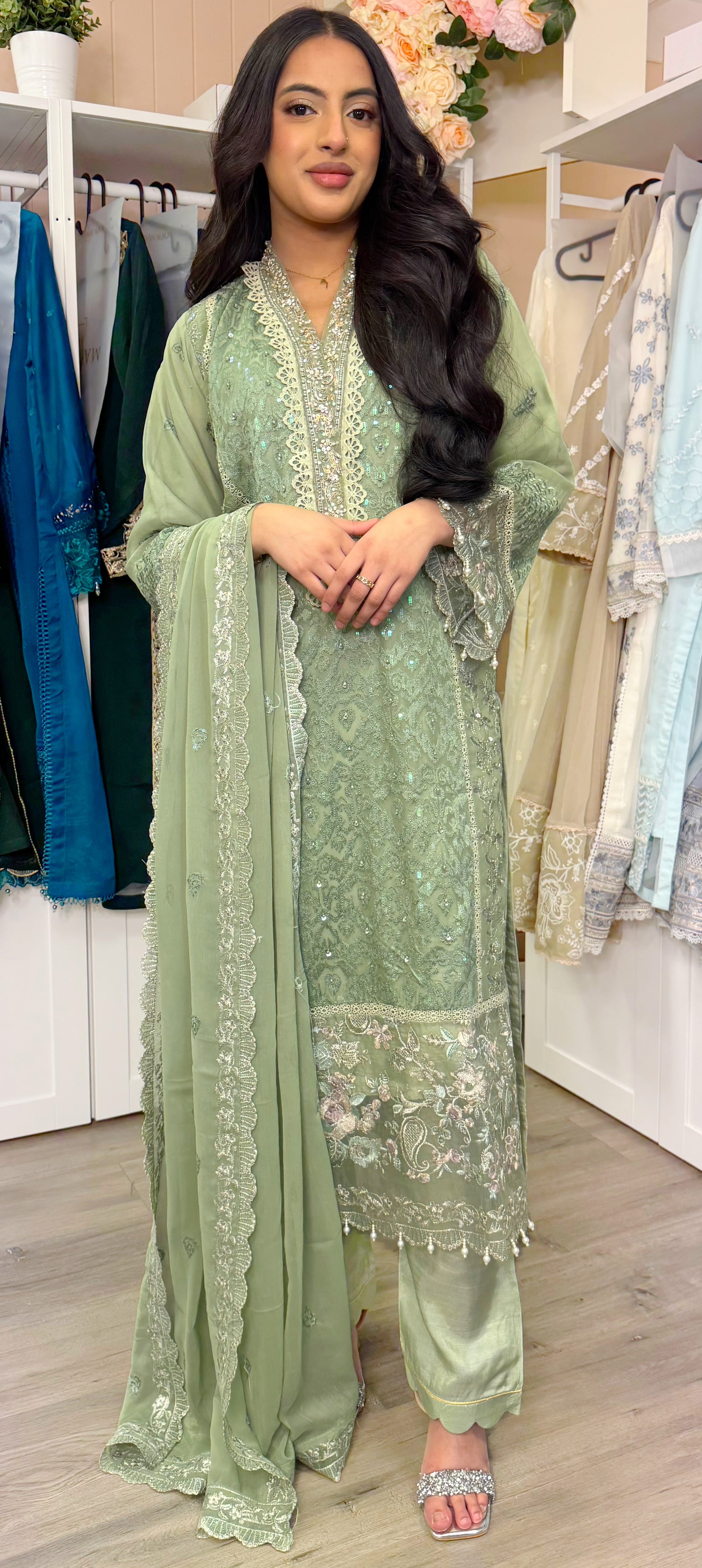 Emerald Sage Chiffon Embroidered Suit