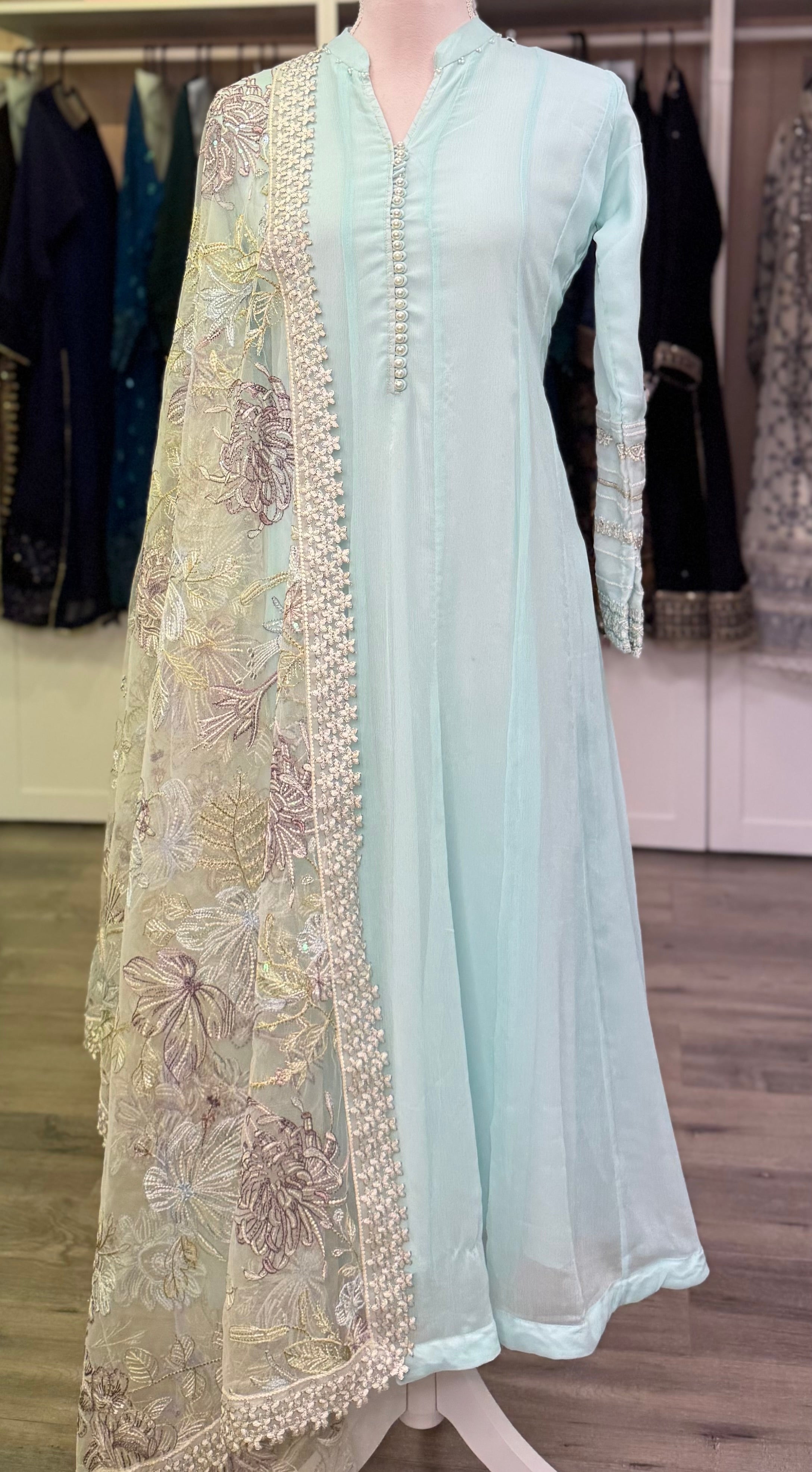 Sky Blue Serenity – Embroidered Chiffon Ensemble
