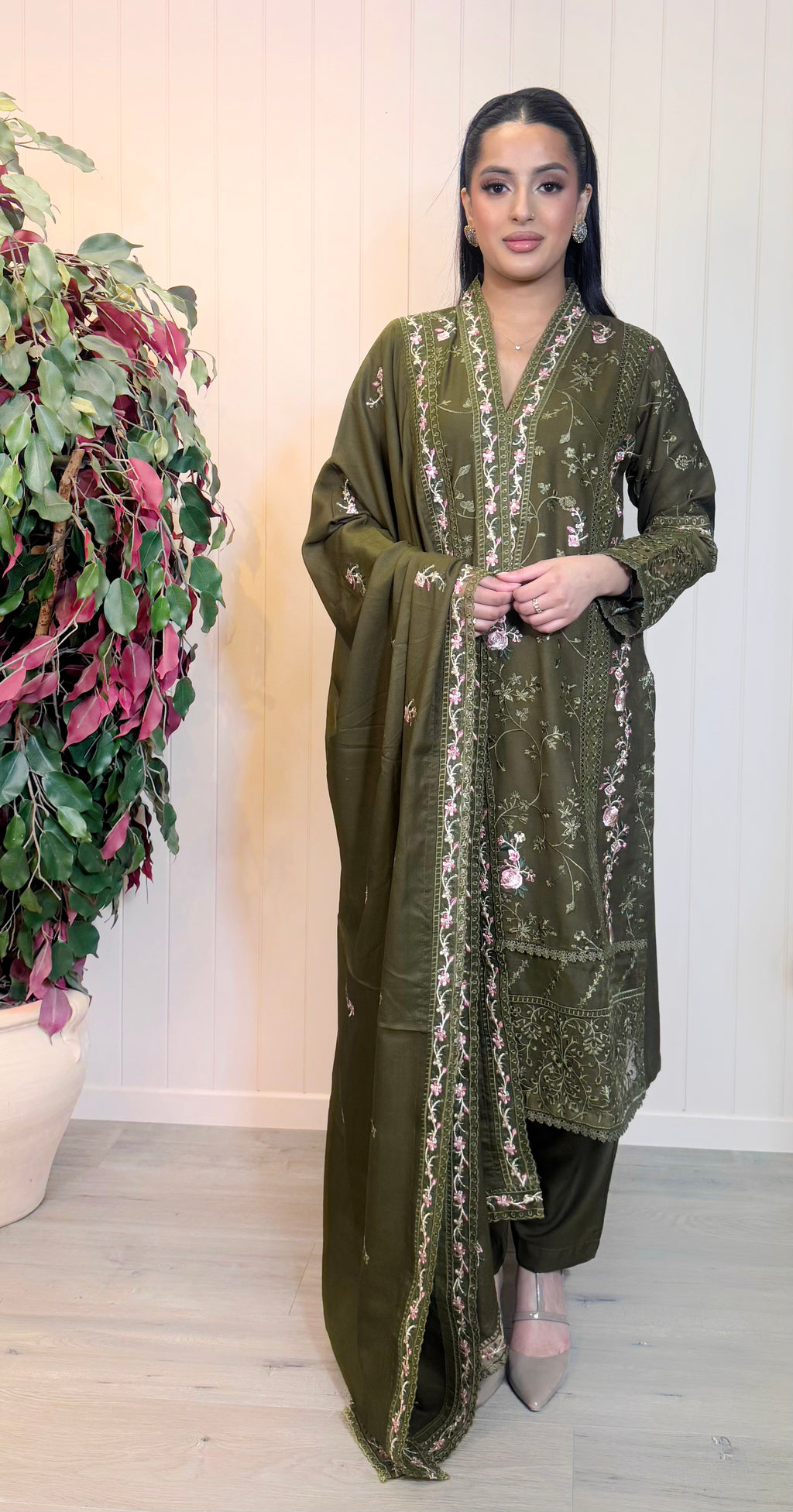 Olive Serene – Embroidered Dhanak Suit