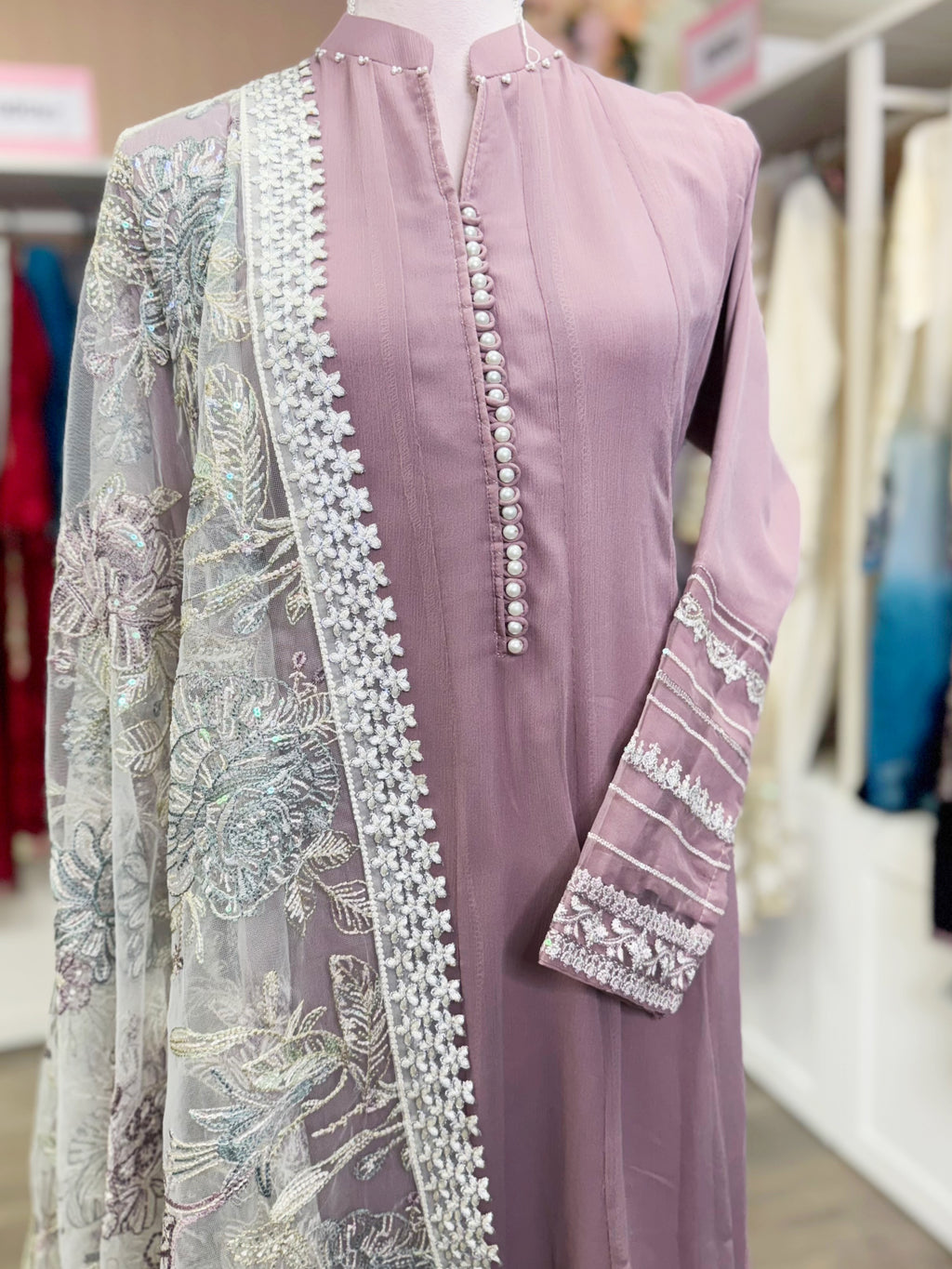 Dusty Rose Aura – Embroidered Chiffon Ensemble