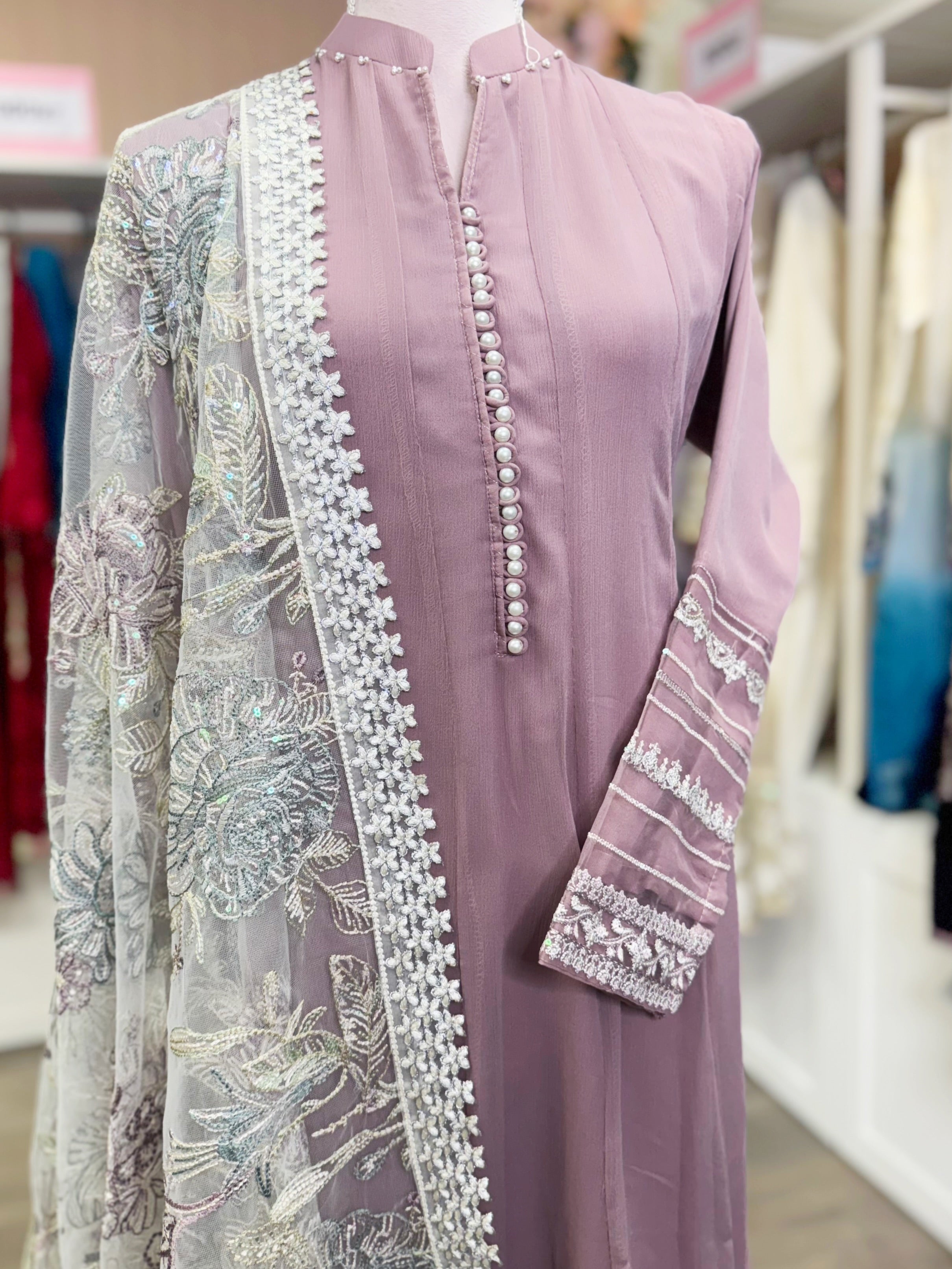 Dusty Rose Aura – Embroidered Chiffon Ensemble