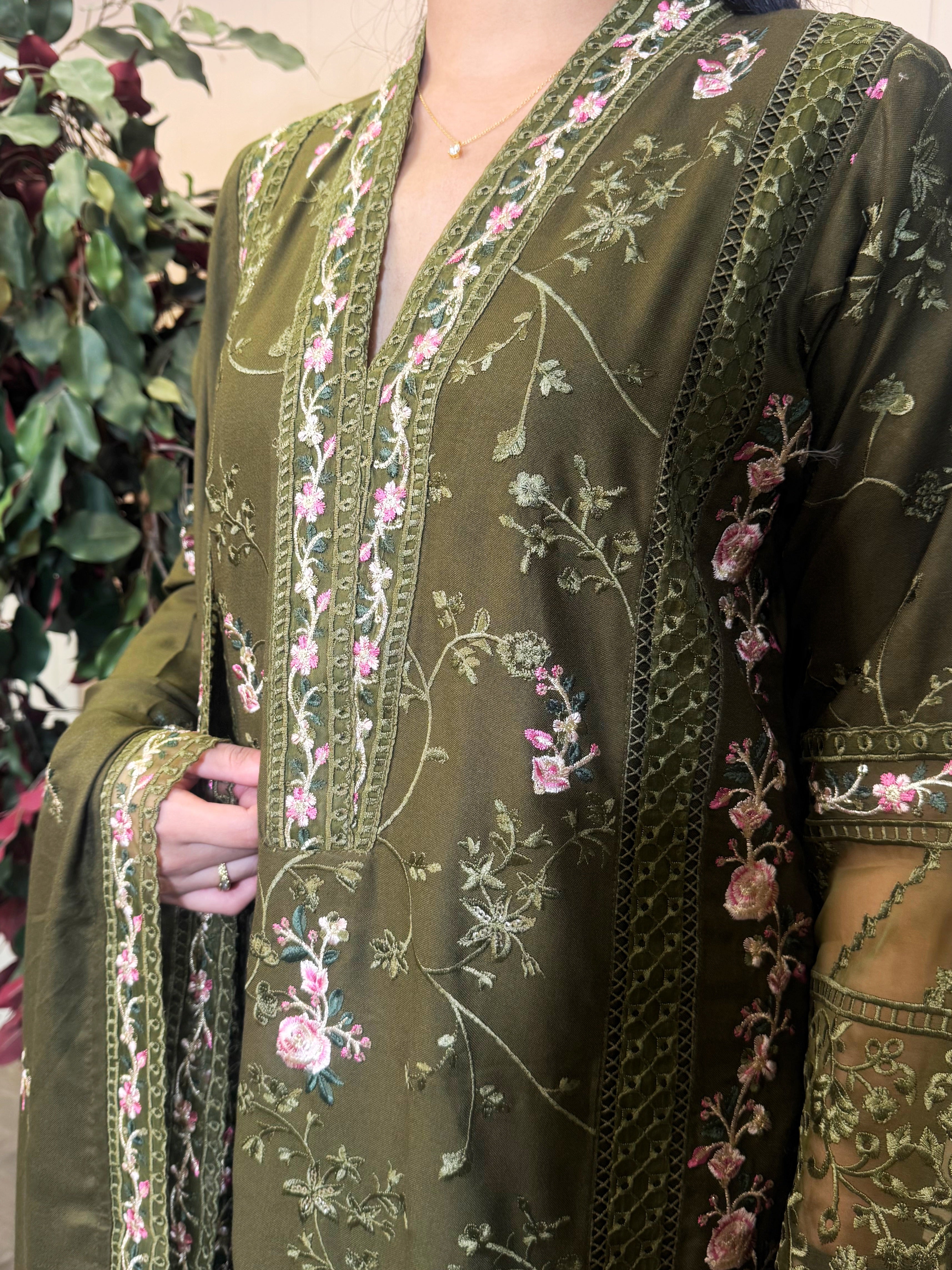 Olive Serene – Embroidered Dhanak Suit