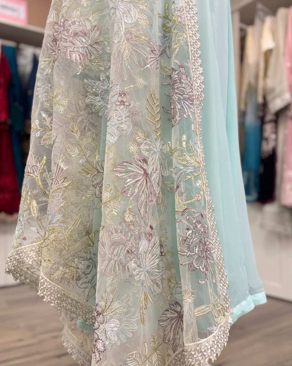 Sky Blue Serenity – Embroidered Chiffon Ensemble
