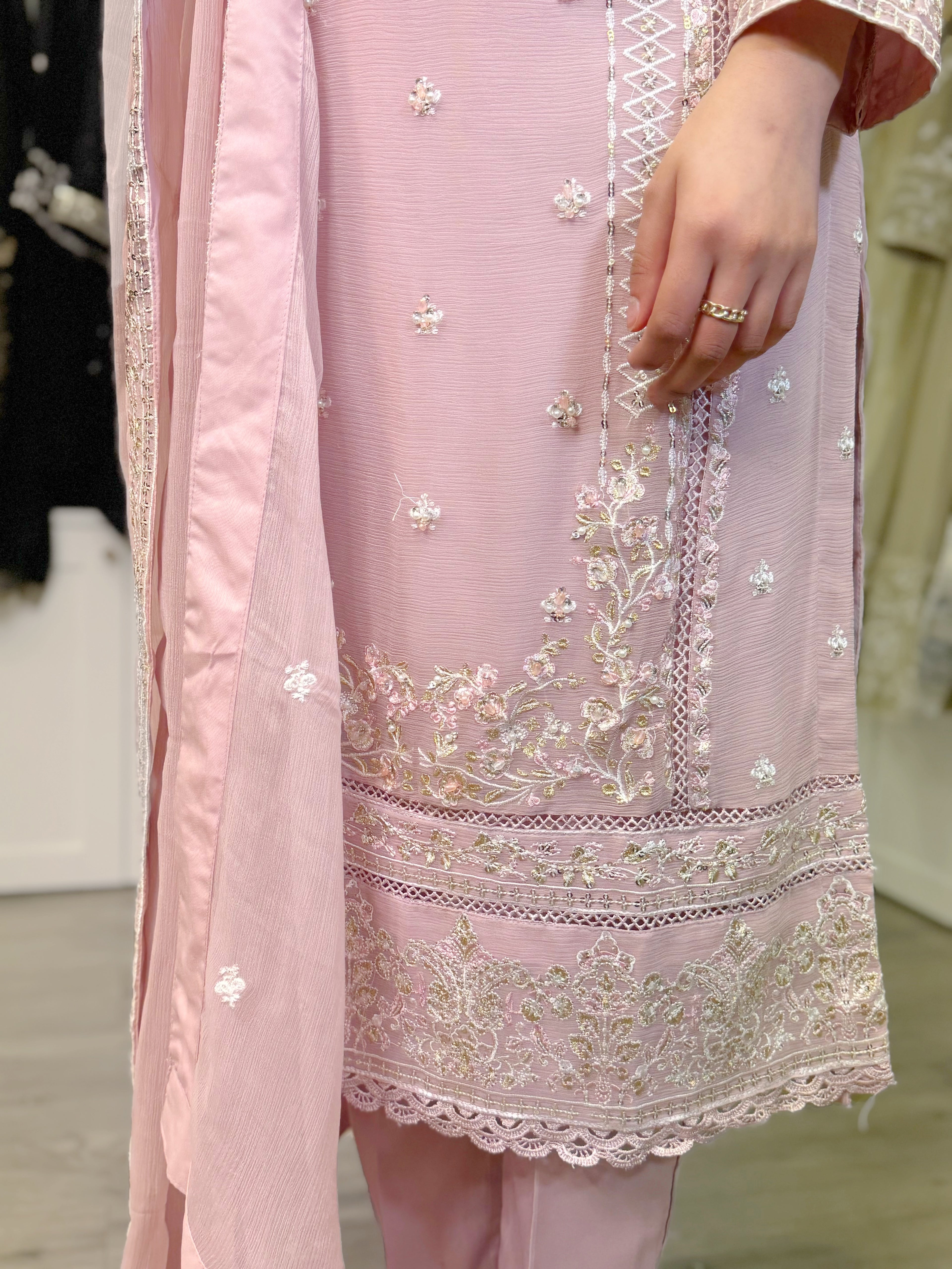 Blush Rose Chiffon Embroidered Suit