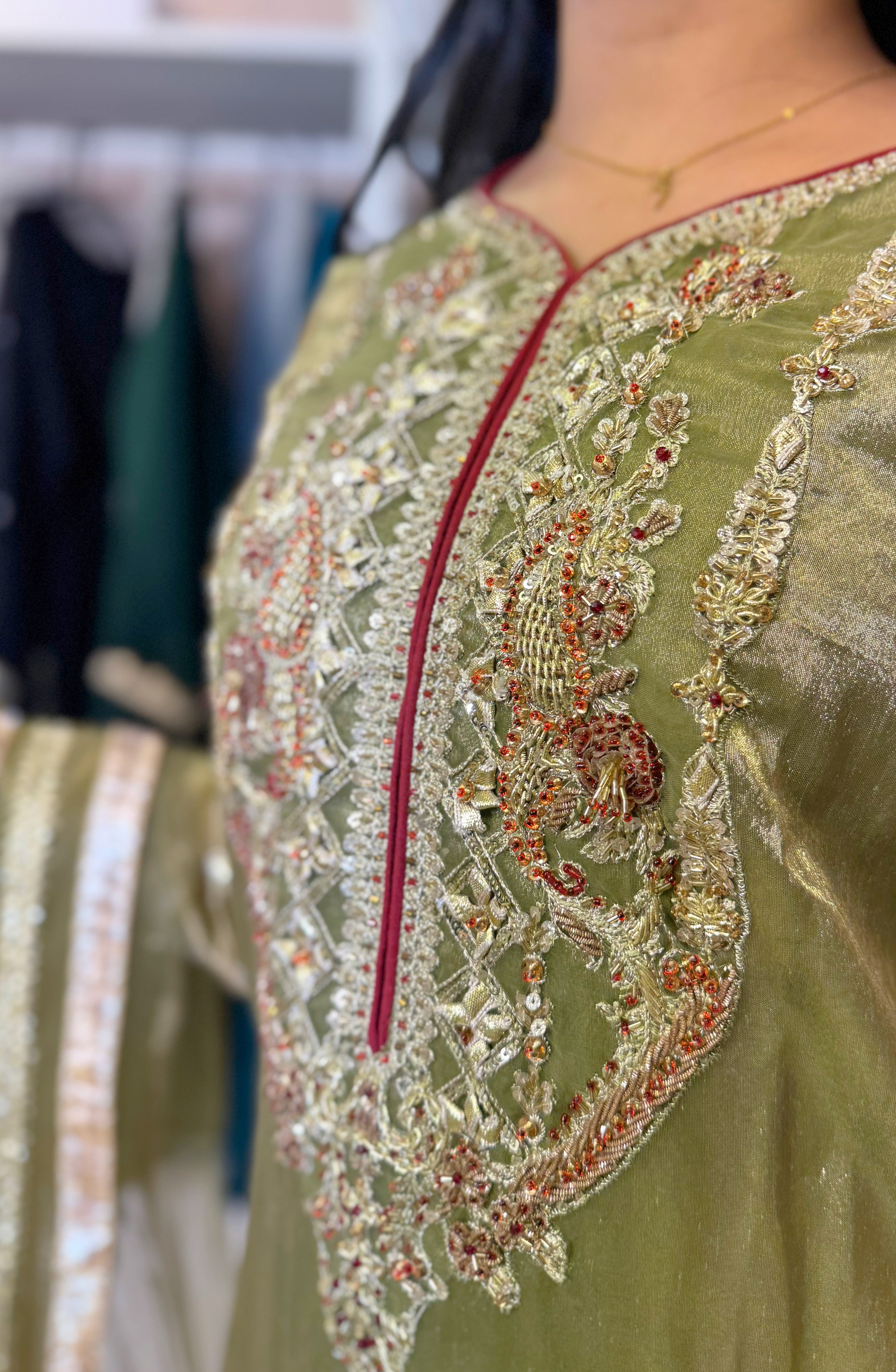 Olive Regal Embroidered Sharara Set