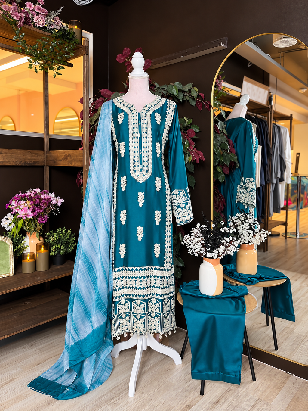 Teal Heirloom Embroidered Silk