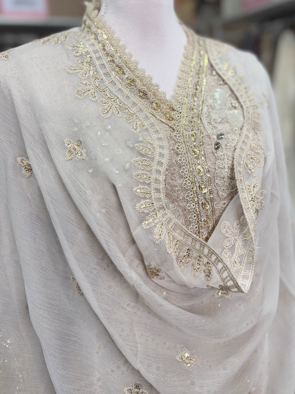 Golden Blush Elegance – Embroidered Chiffon Ensemble