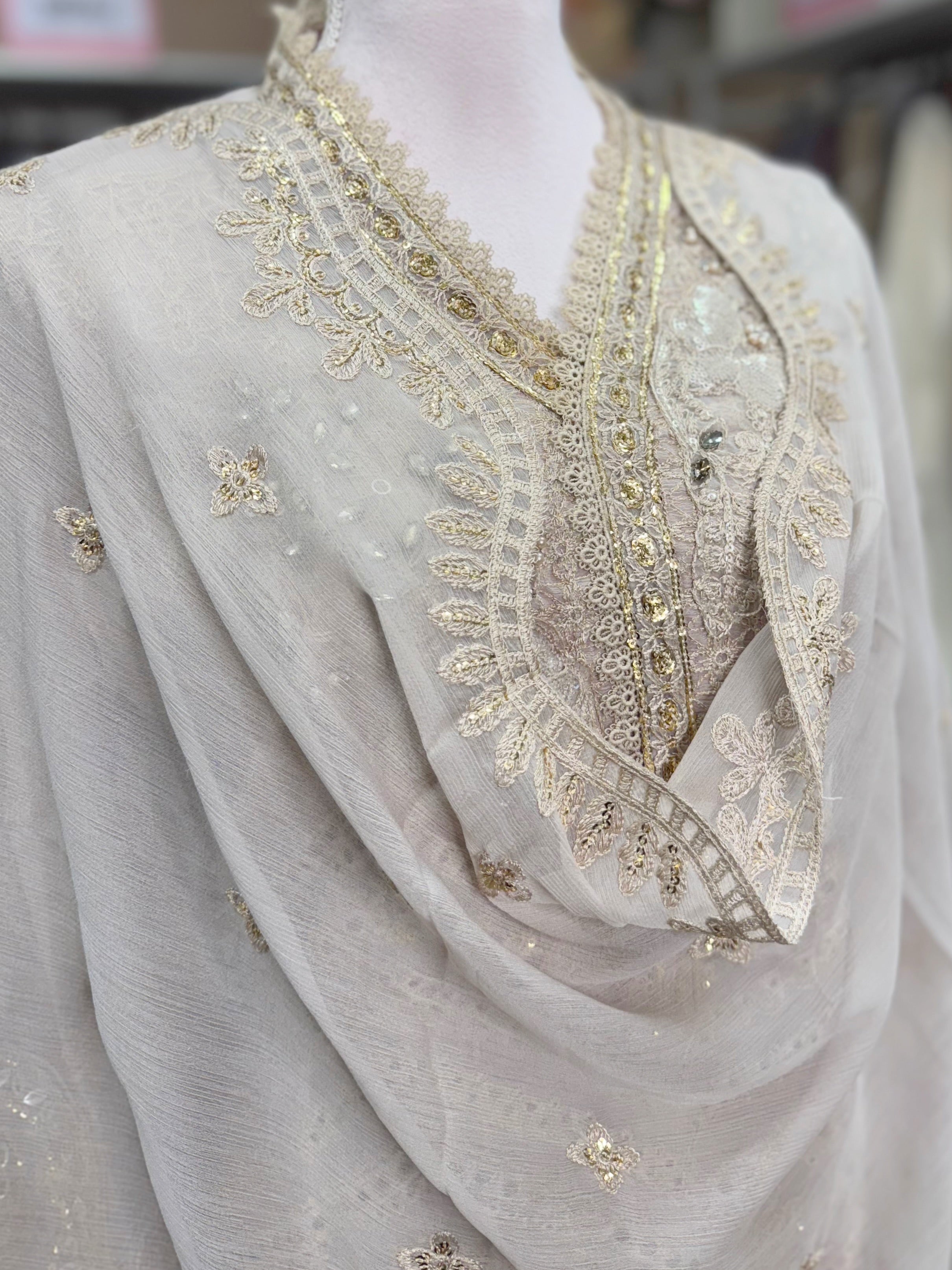 Golden Blush Elegance – Embroidered Chiffon Ensemble