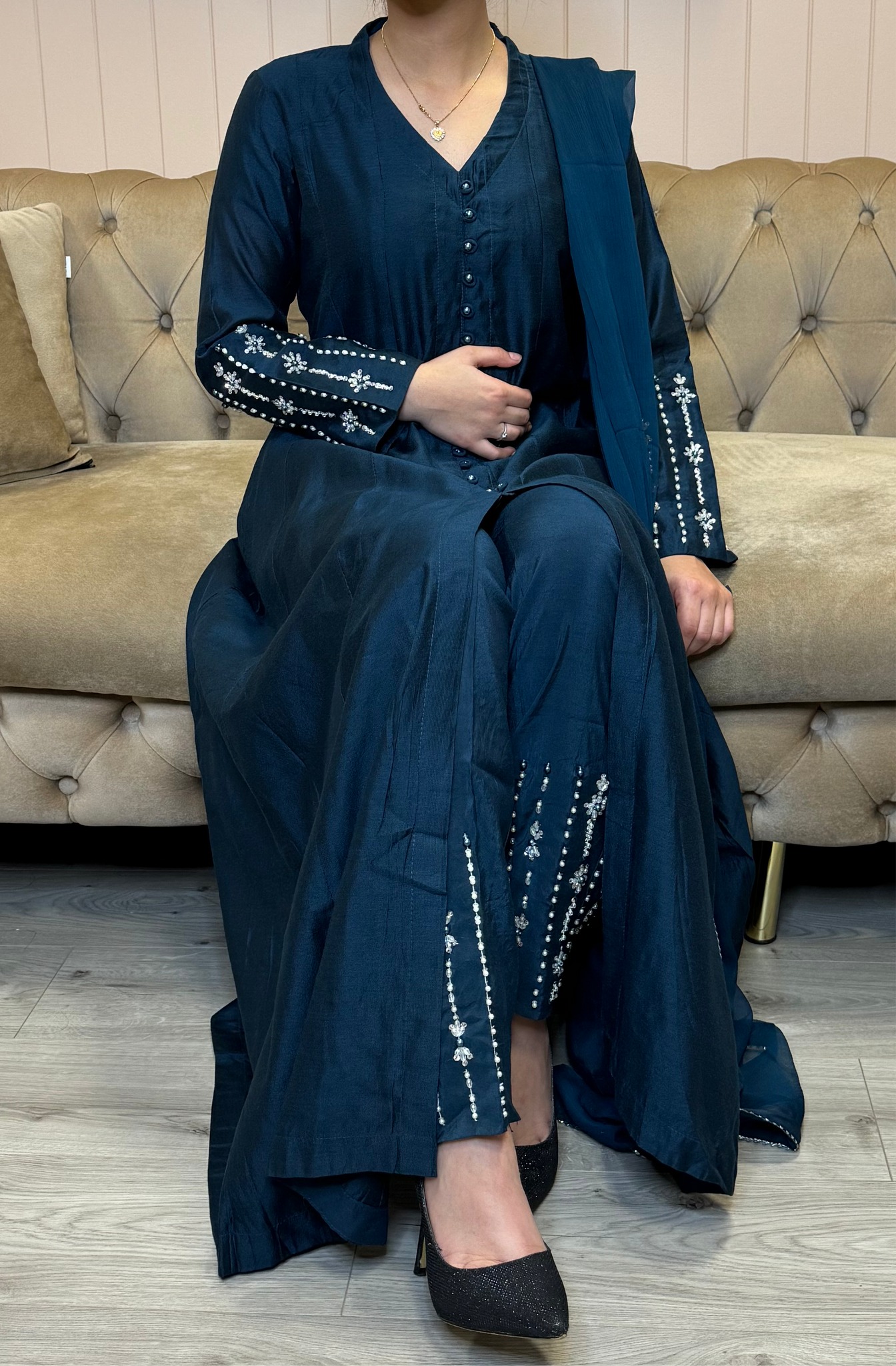 Hand Embellished Winter cotton silk gown - Navy blue