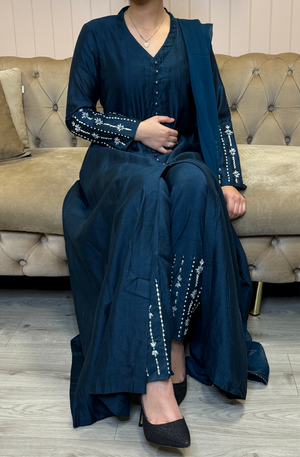 Hand Embellished Winter cotton silk gown - Navy blue