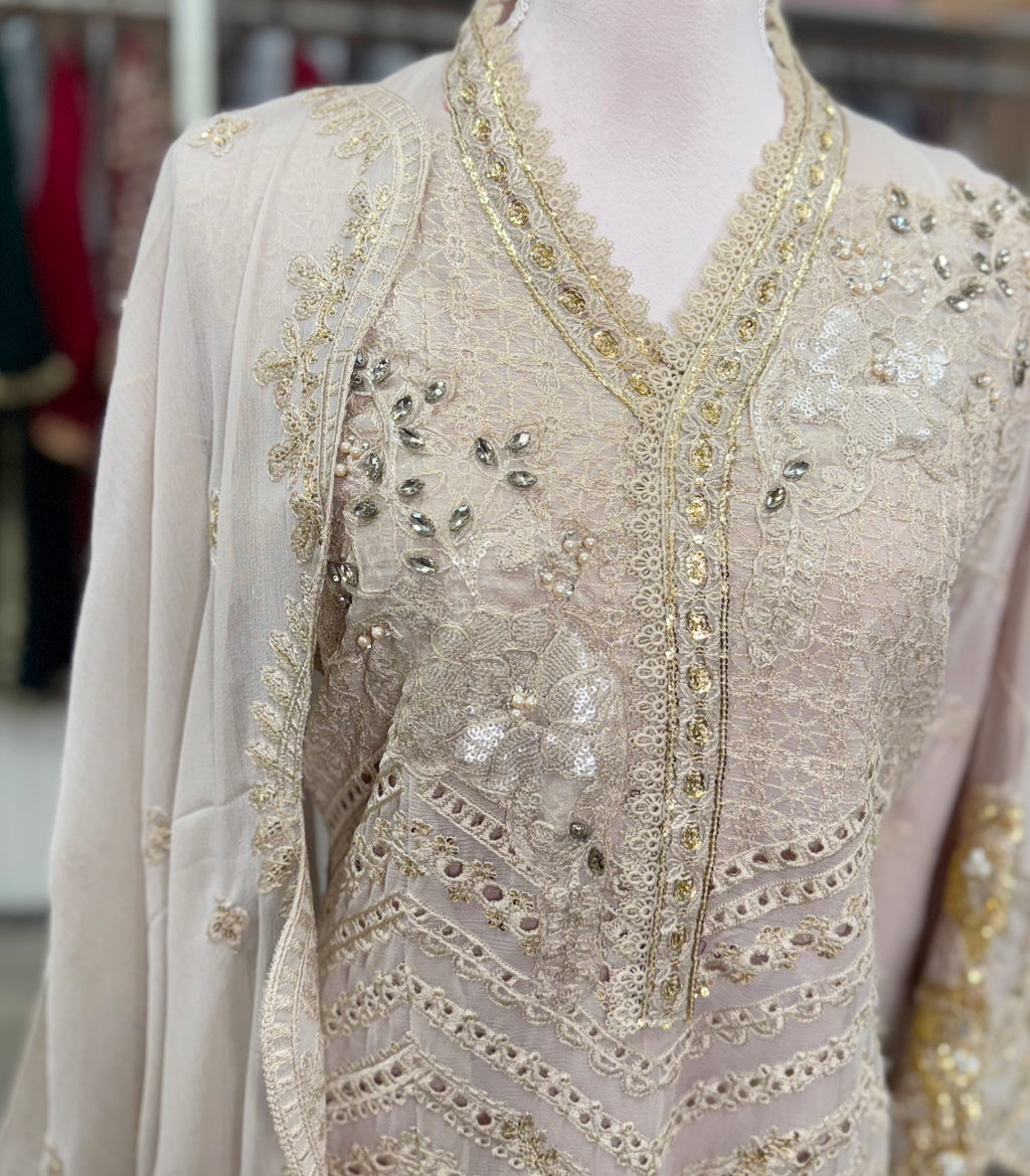 Golden Blush Elegance – Embroidered Chiffon Ensemble