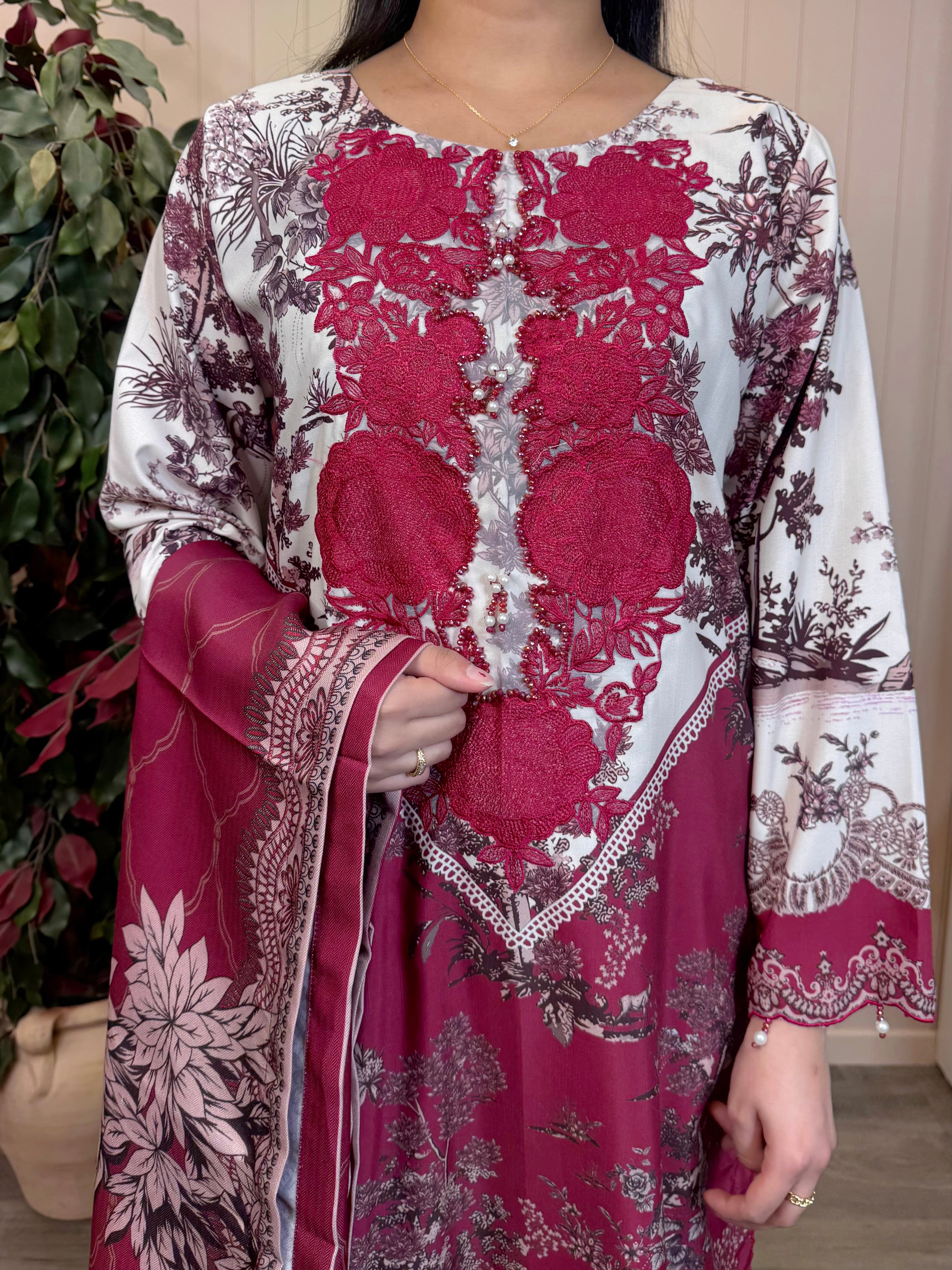 Ruby Elara – Printed Silk Suit with Wool Dupatta