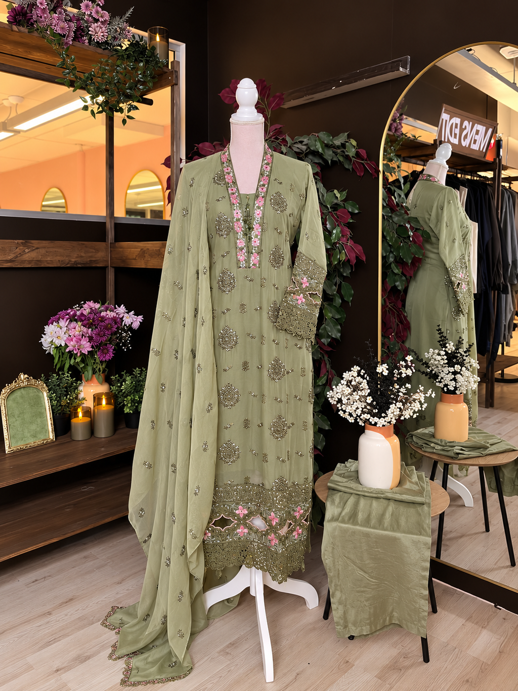 Olive Gulab Embroidered Suit